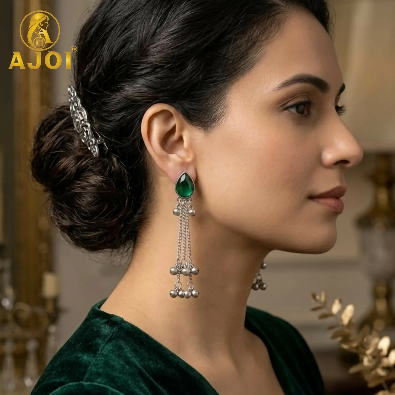 Silver Green Teardrop Stone Earrings – Elegant Traditional Design - Image 2