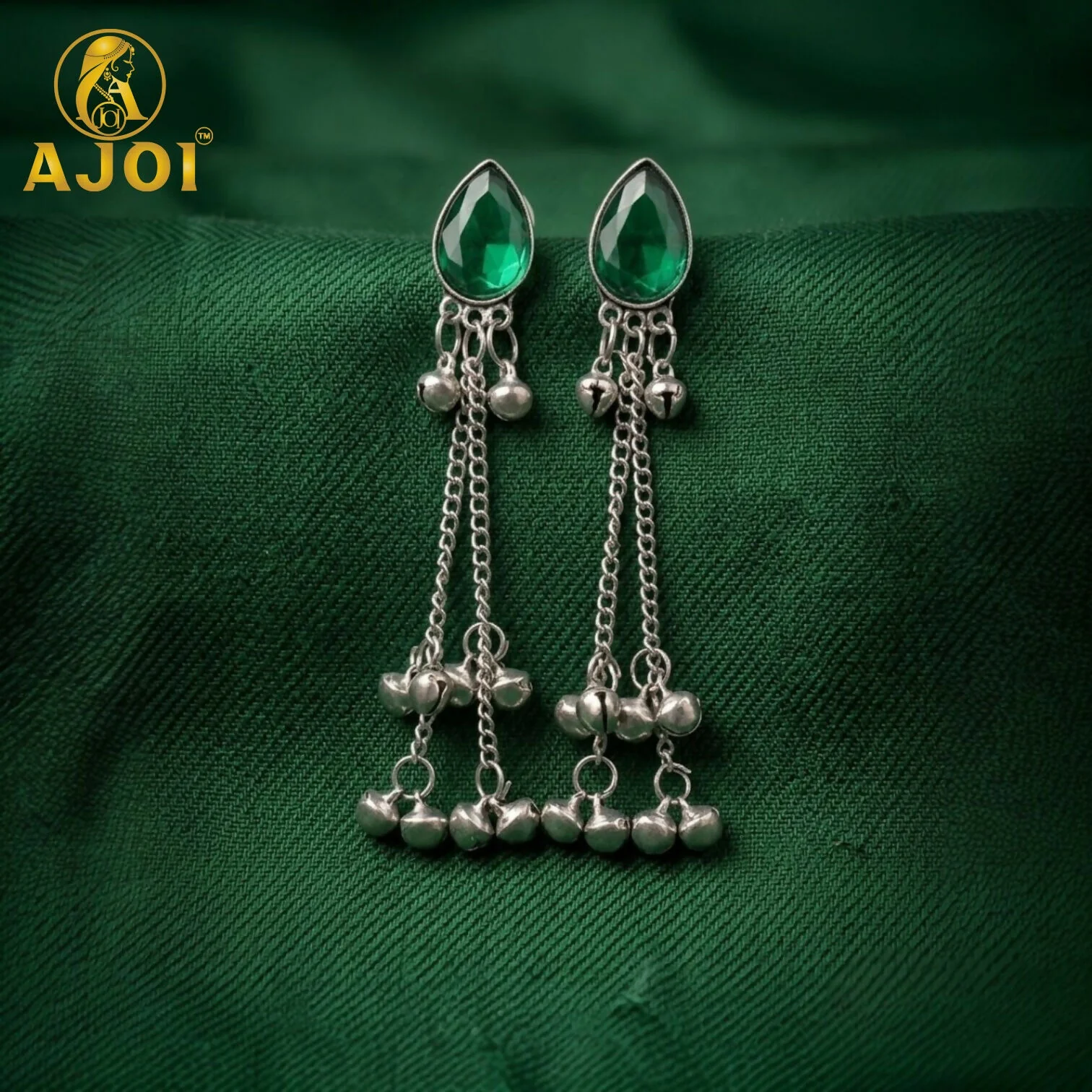 Silver Green Teardrop Stone Earrings – Elegant Traditional Design - Image 3