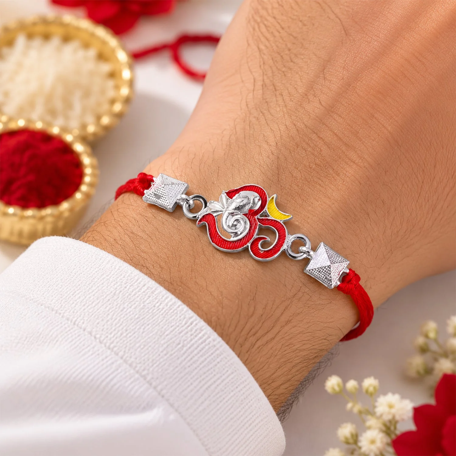 Silver Om Ganesha Rakhi – Elegant Festival Symbol of Joy and Blessings - Image 3