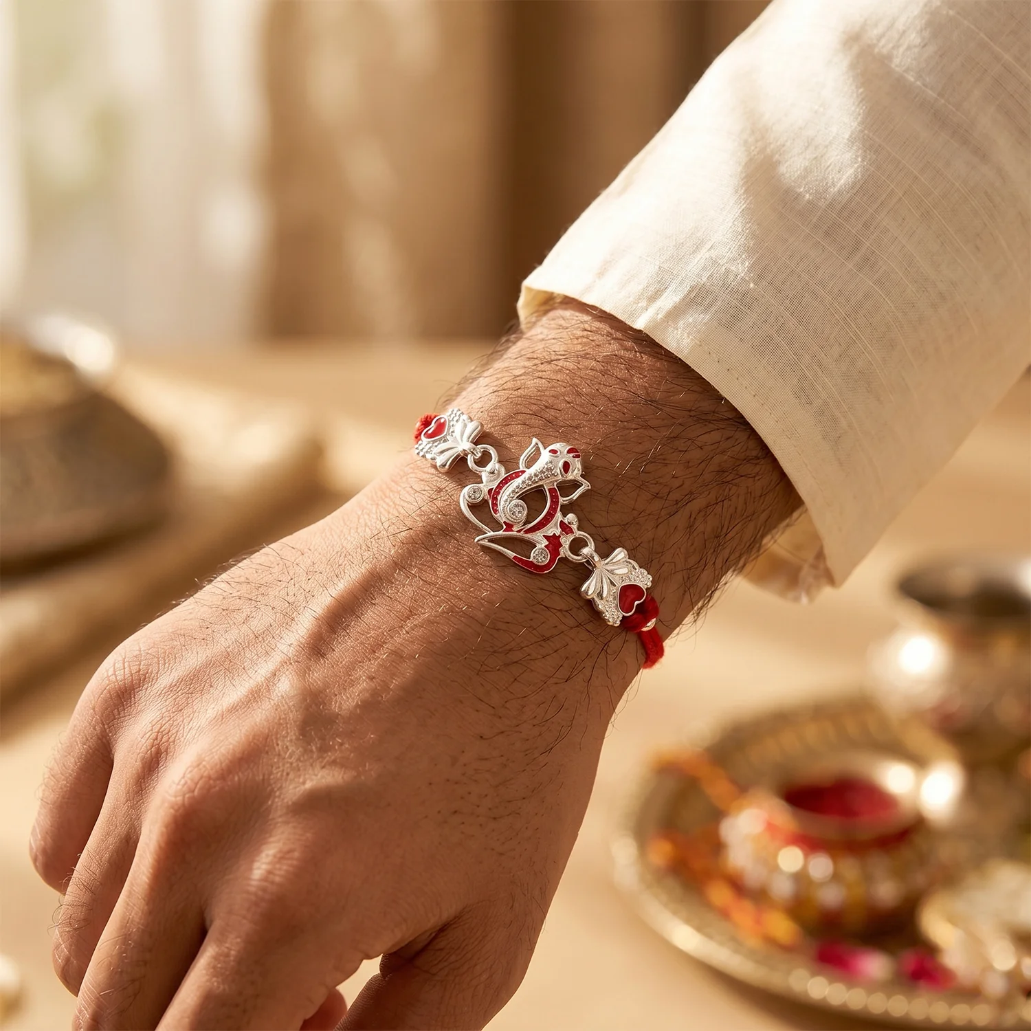 Rakhi for Brother – Silver Ganesha Red Stones Velvet Look - Image 2