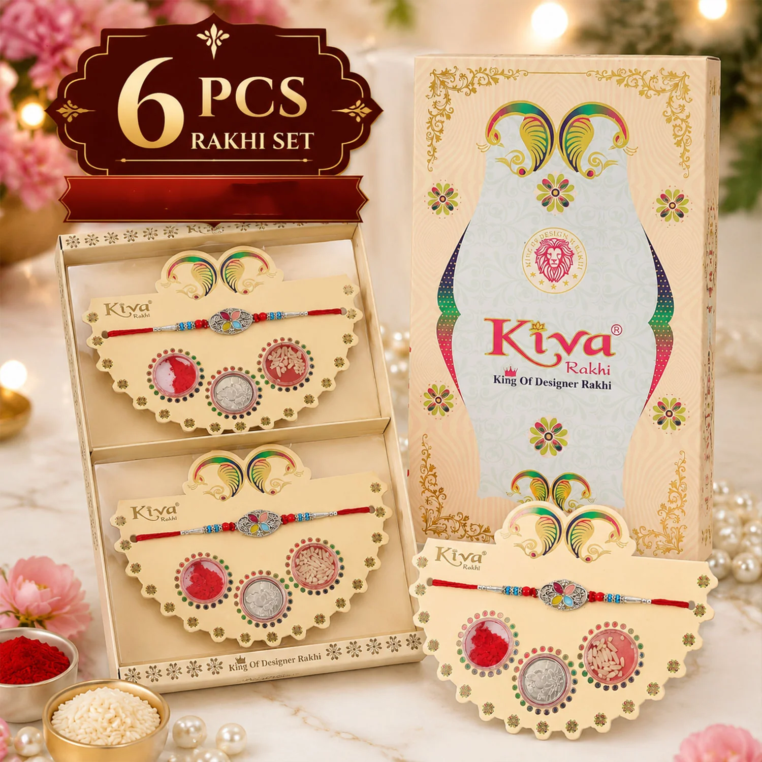 Silver Oval Floral Stone Rakhi with Color Petal Centre, Roli Chawal Coin and Card Packing - Image 2