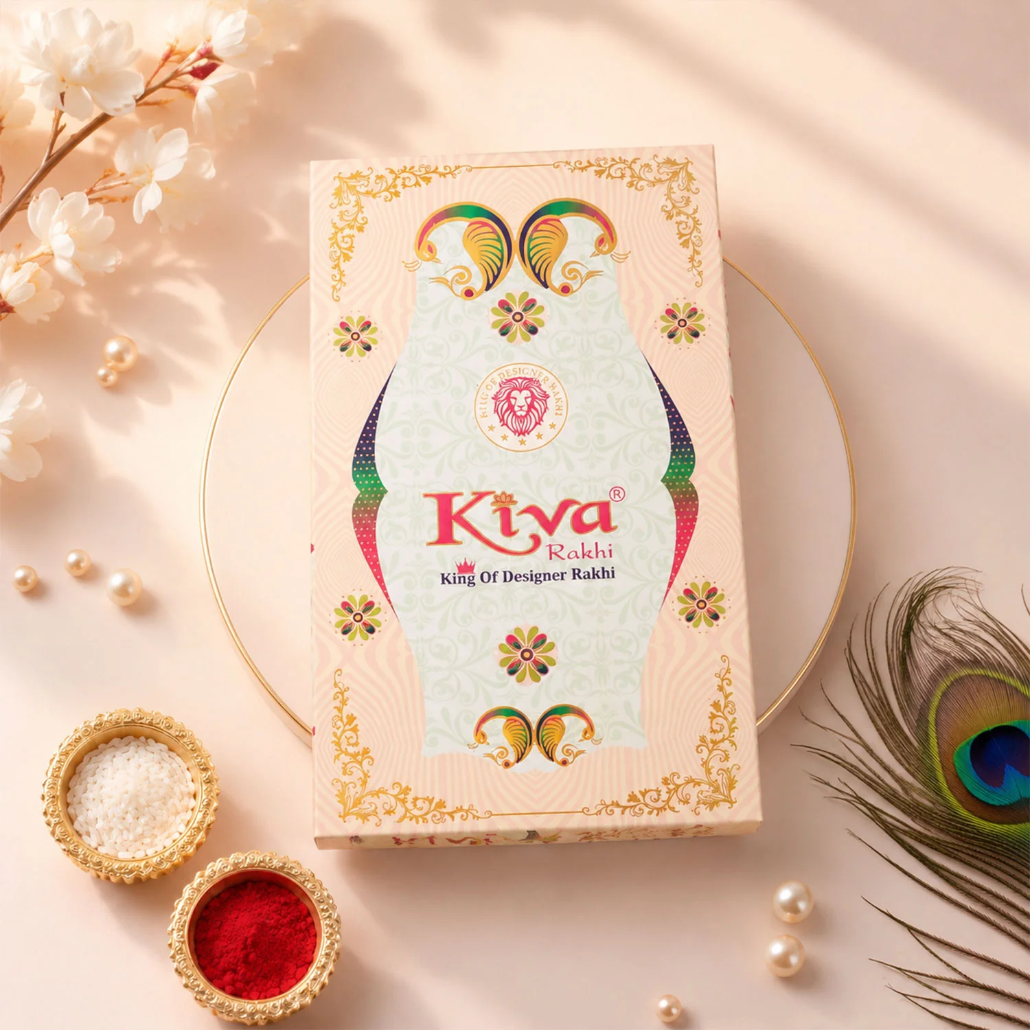 Silver Oval Floral Stone Rakhi with Color Petal Centre, Roli Chawal Coin and Card Packing - Image 5