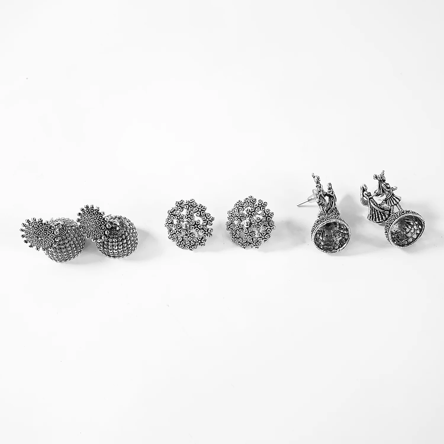 Silver Oxidized Earrings – Elegant Traditional Jhumkas Set (3Pc) - Image 3