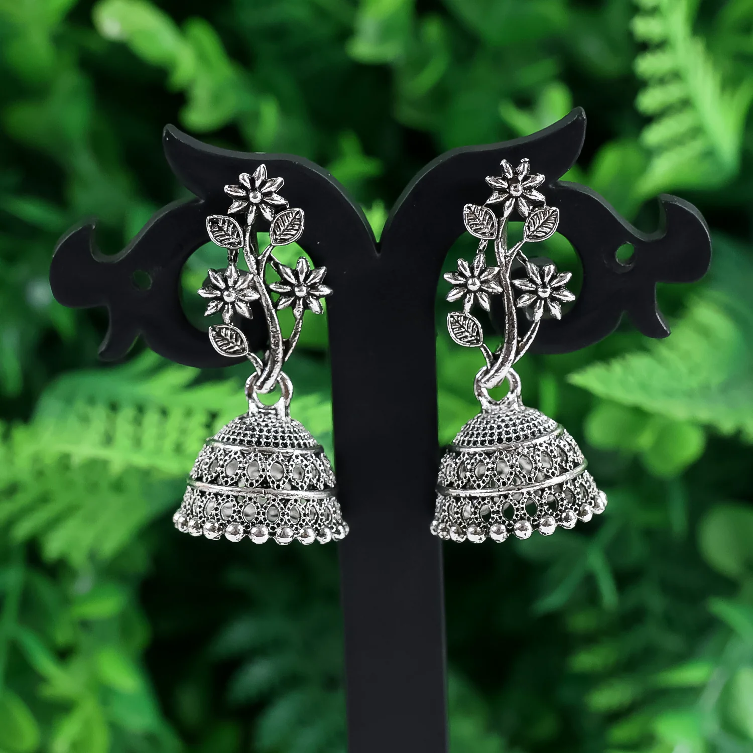 Silver Oxidized Jhumka Earrings – 3-Pair Traditional Set - Image 2
