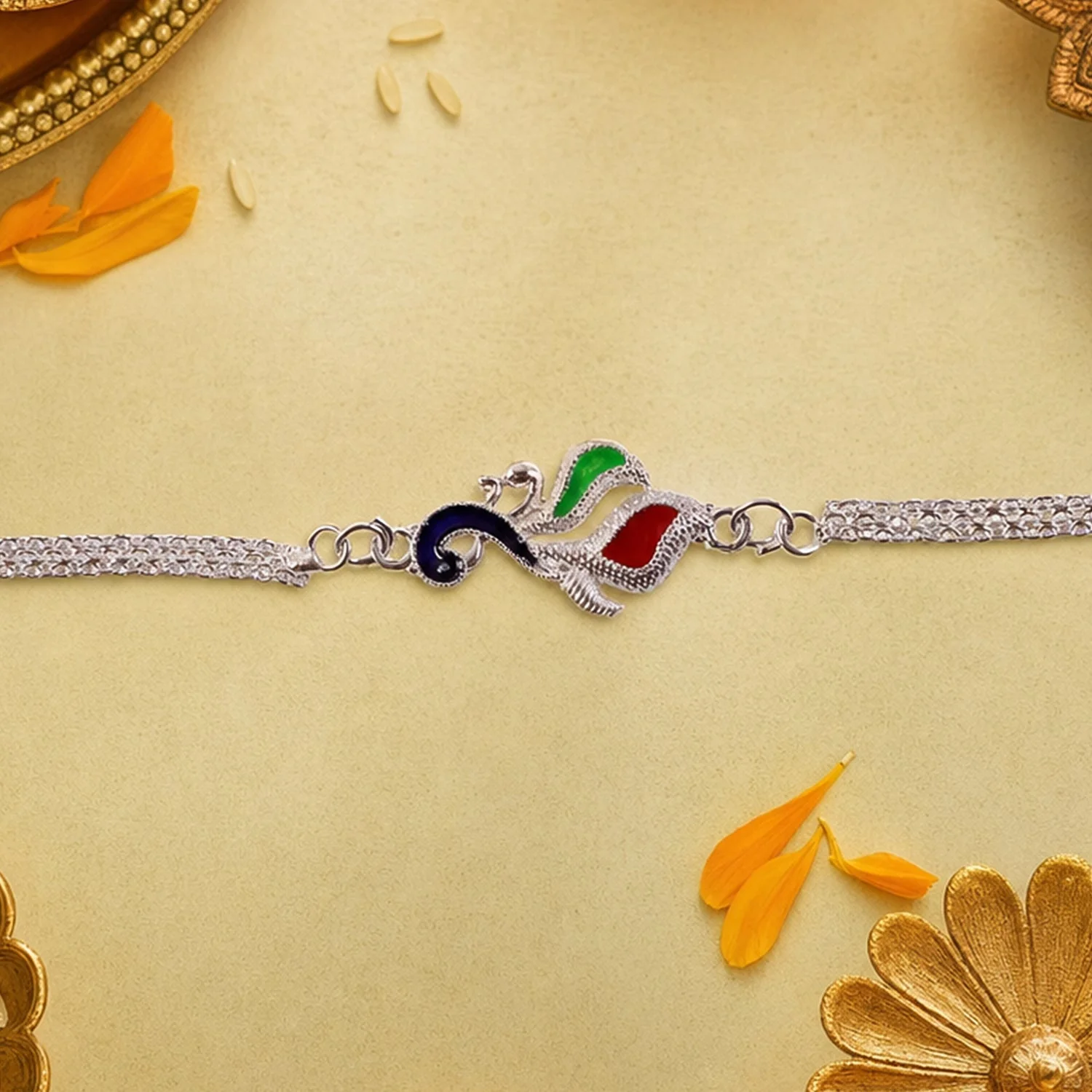 Silver Peacock Enamel Chain Rakhi – Perfect for Raksha Bandhan - Image 4