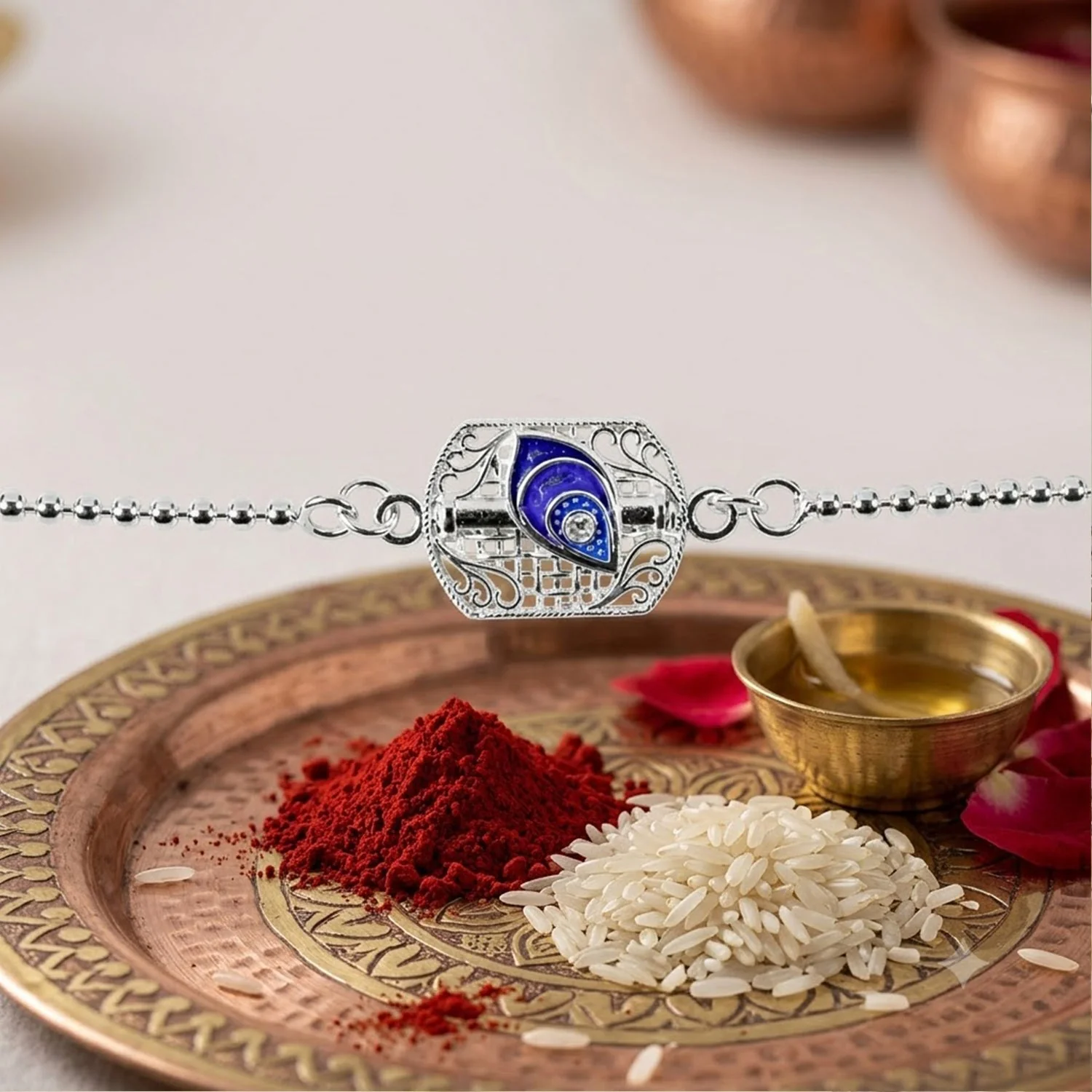 Silver Peacock Enamel Charm Chain Bracelet Rakhi – Elegant Festival Accessory - Image 4