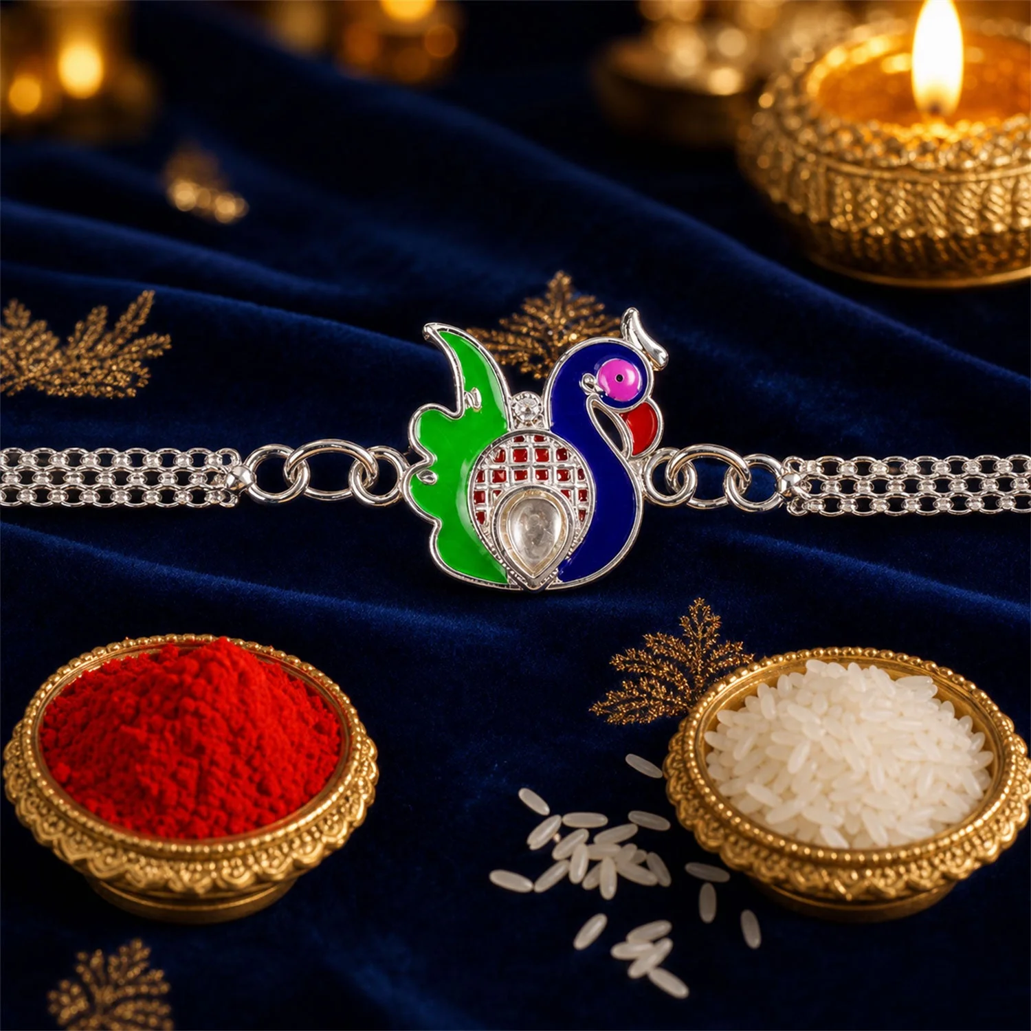 Silver Peacock Meenakari Chain Rakhi – Unique Design for Raksha Bandhan - Image 3