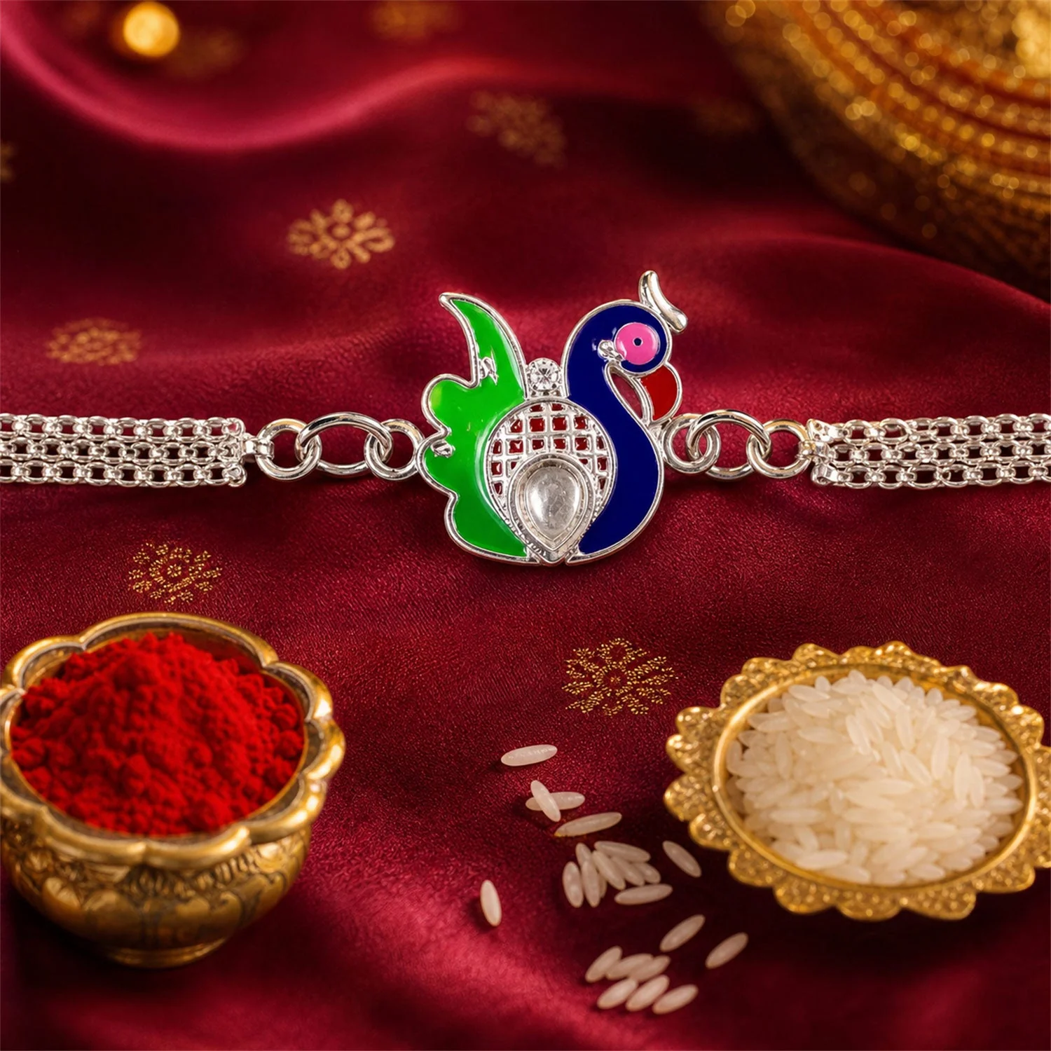 Silver Peacock Meenakari Chain Rakhi – Unique Design for Raksha Bandhan - Image 4
