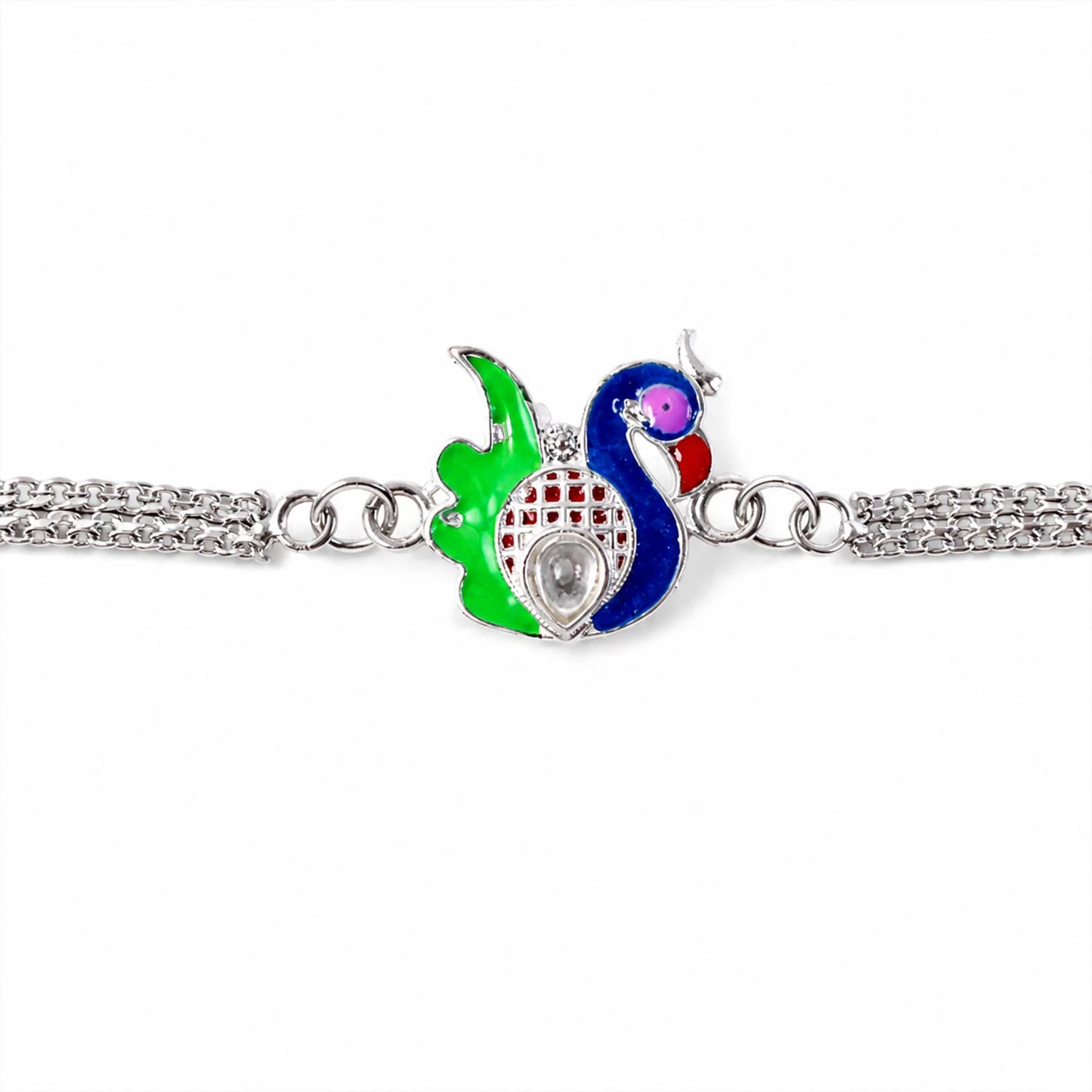 Silver Peacock Meenakari Chain Rakhi – Unique Design for Raksha Bandhan - Image 5