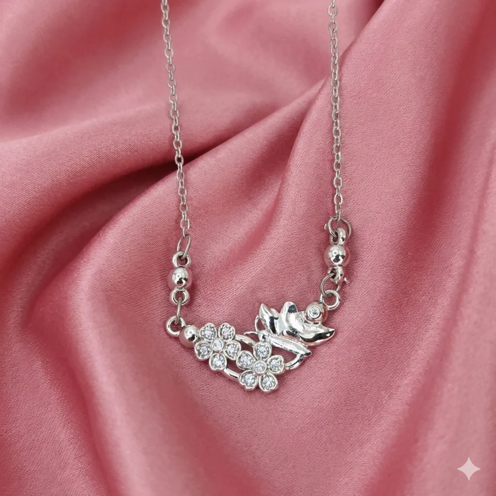 Silver Plated Butterfly Pendant Necklace – Elegant Floral Design