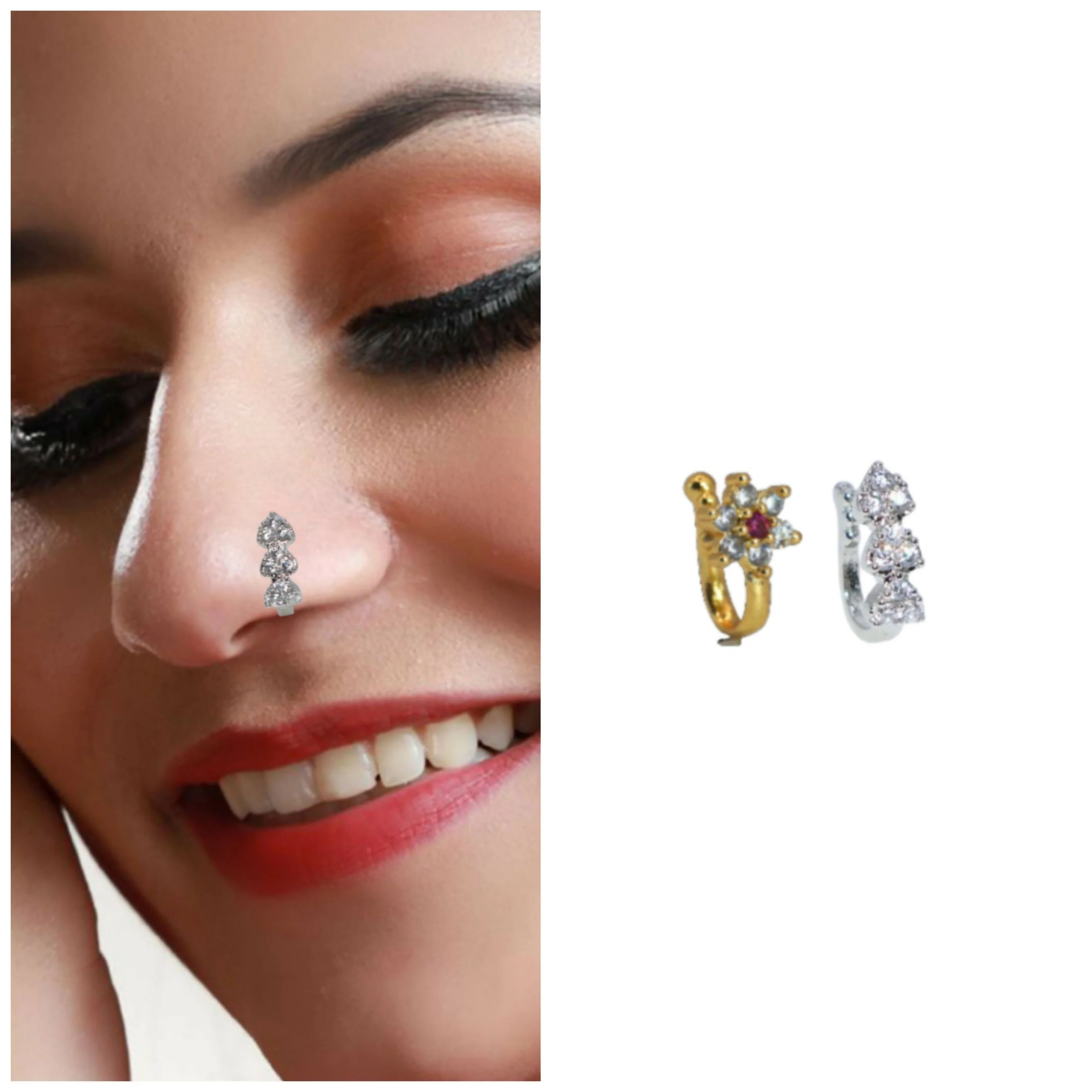 Non-Pierced Nose Rings Set – Silver Plated Floral & Heart Design