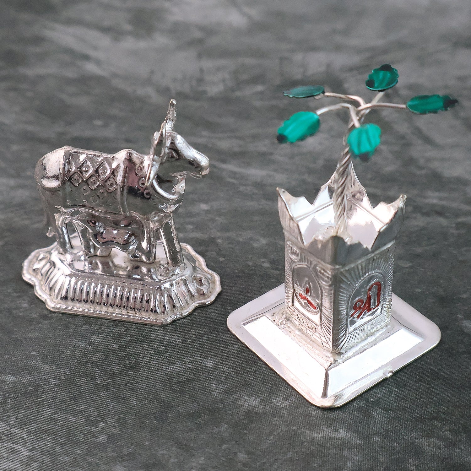 Kamdhenu Cow & Tulsi Plant Silver-Plated Pair – Divine Pooja Décor - Image 3