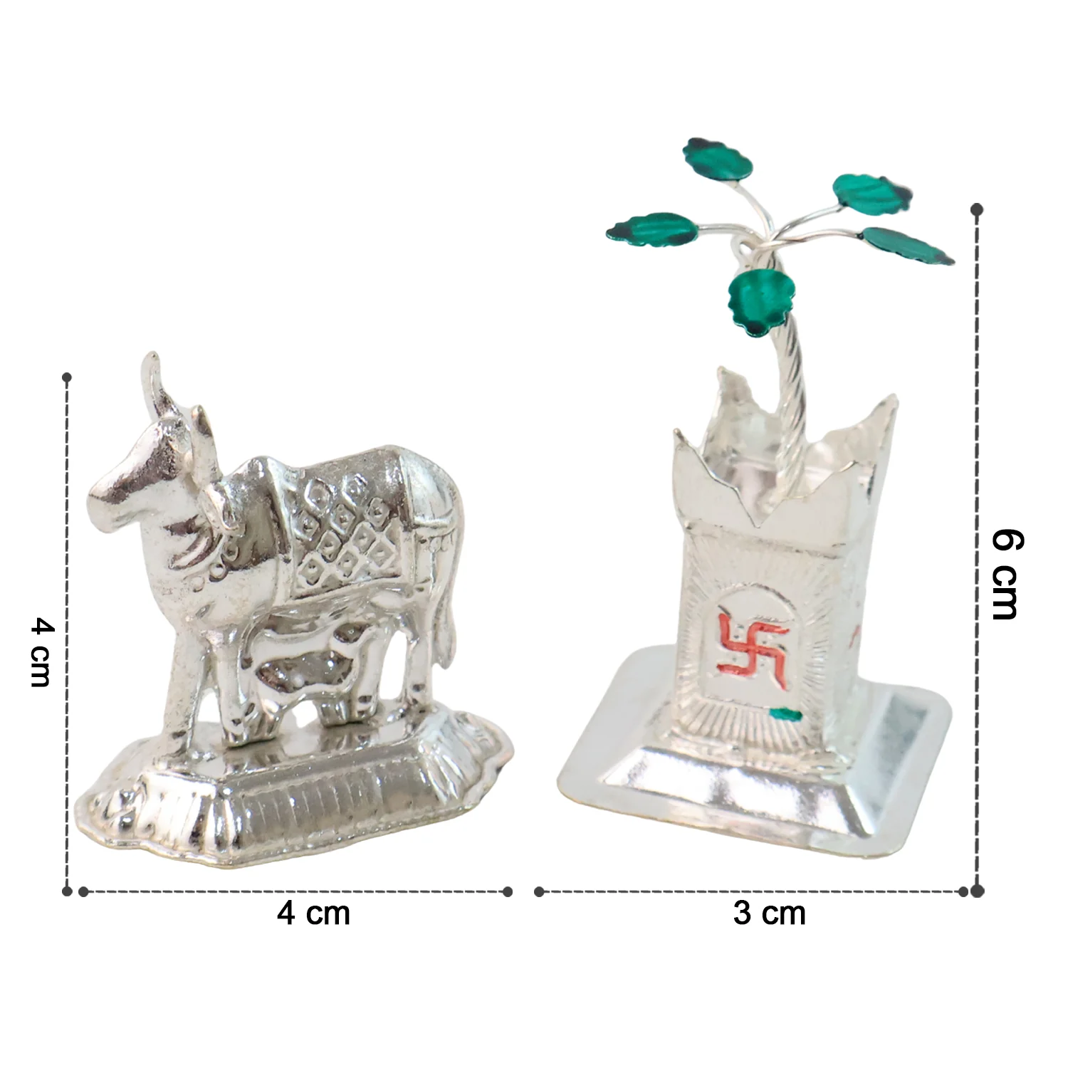 Kamdhenu Cow & Tulsi Plant Silver-Plated Pair – Divine Pooja Décor - Image 6