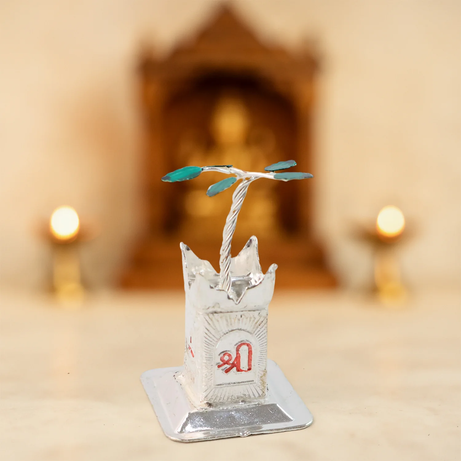 Kamdhenu Cow & Tulsi Plant Silver-Plated Pair – Divine Pooja Décor - Image 7