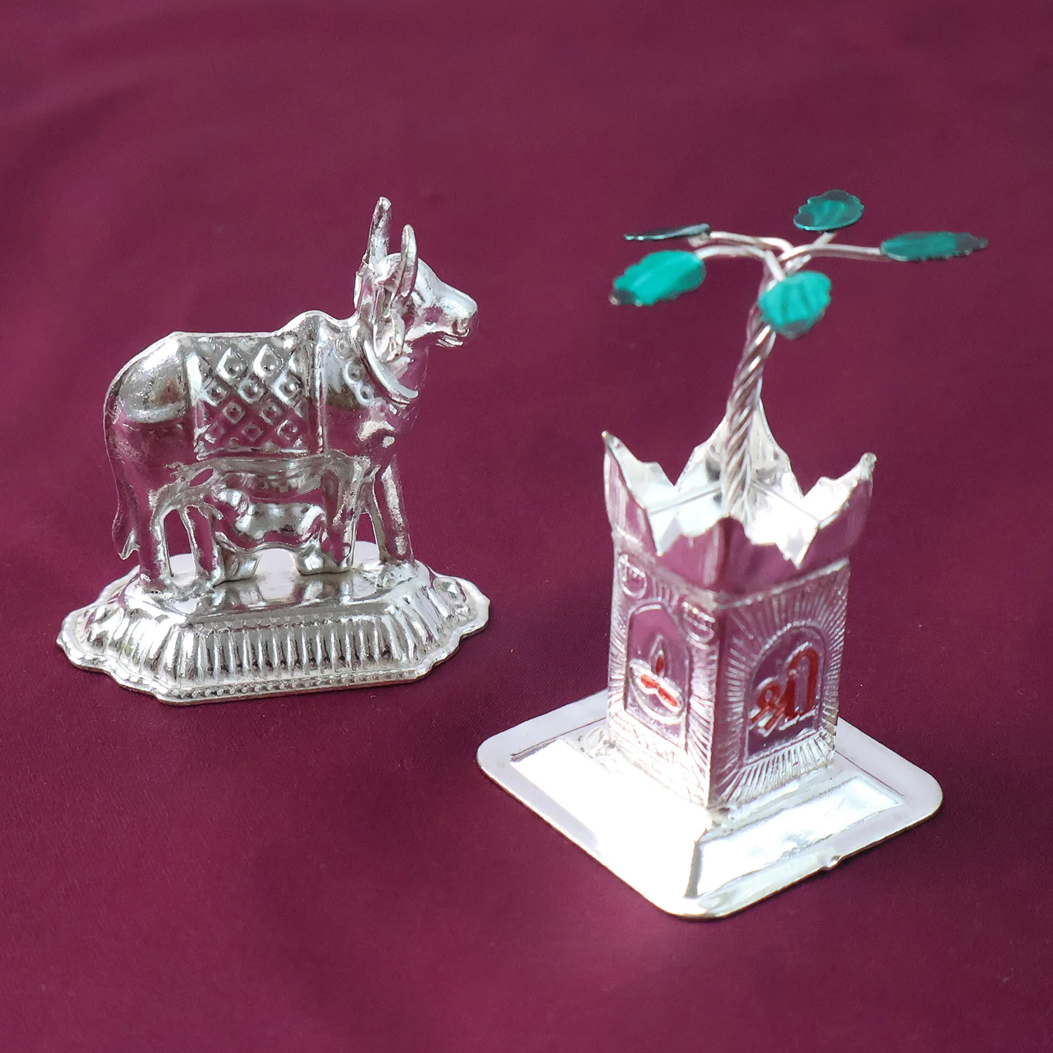 Kamdhenu Cow & Tulsi Plant Silver-Plated Pair – Divine Pooja Décor - Image 8