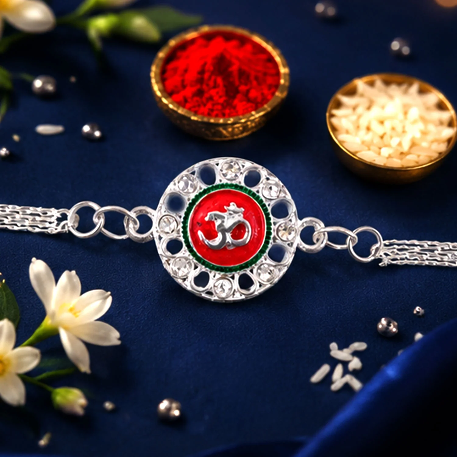Shop Om Rakhi Silver Plated Red Enamel Chain Thread - Image 4