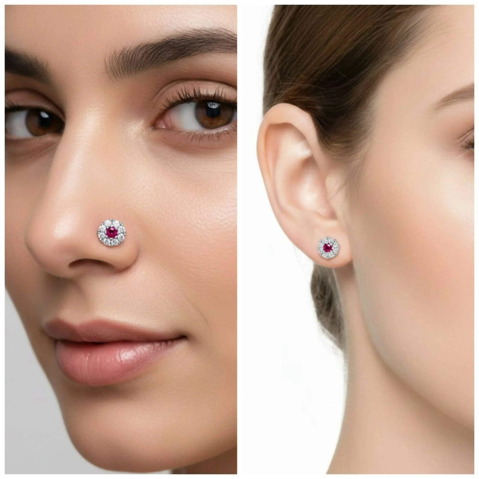 Ruby Floral Halo Nose Stud – Combo Pack of 3 Silver Plated - Image 4