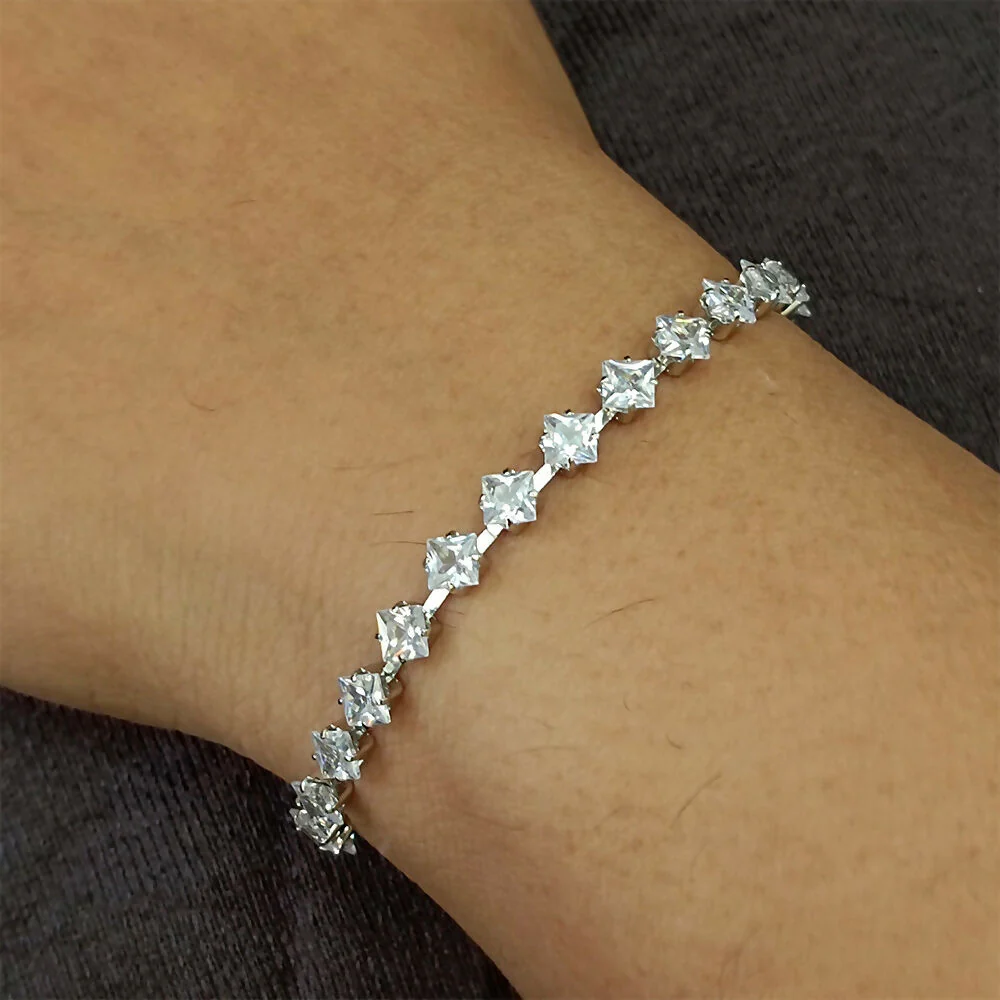 Silver Plated Bracelet – Elegant Square AD Stone Chain for Women