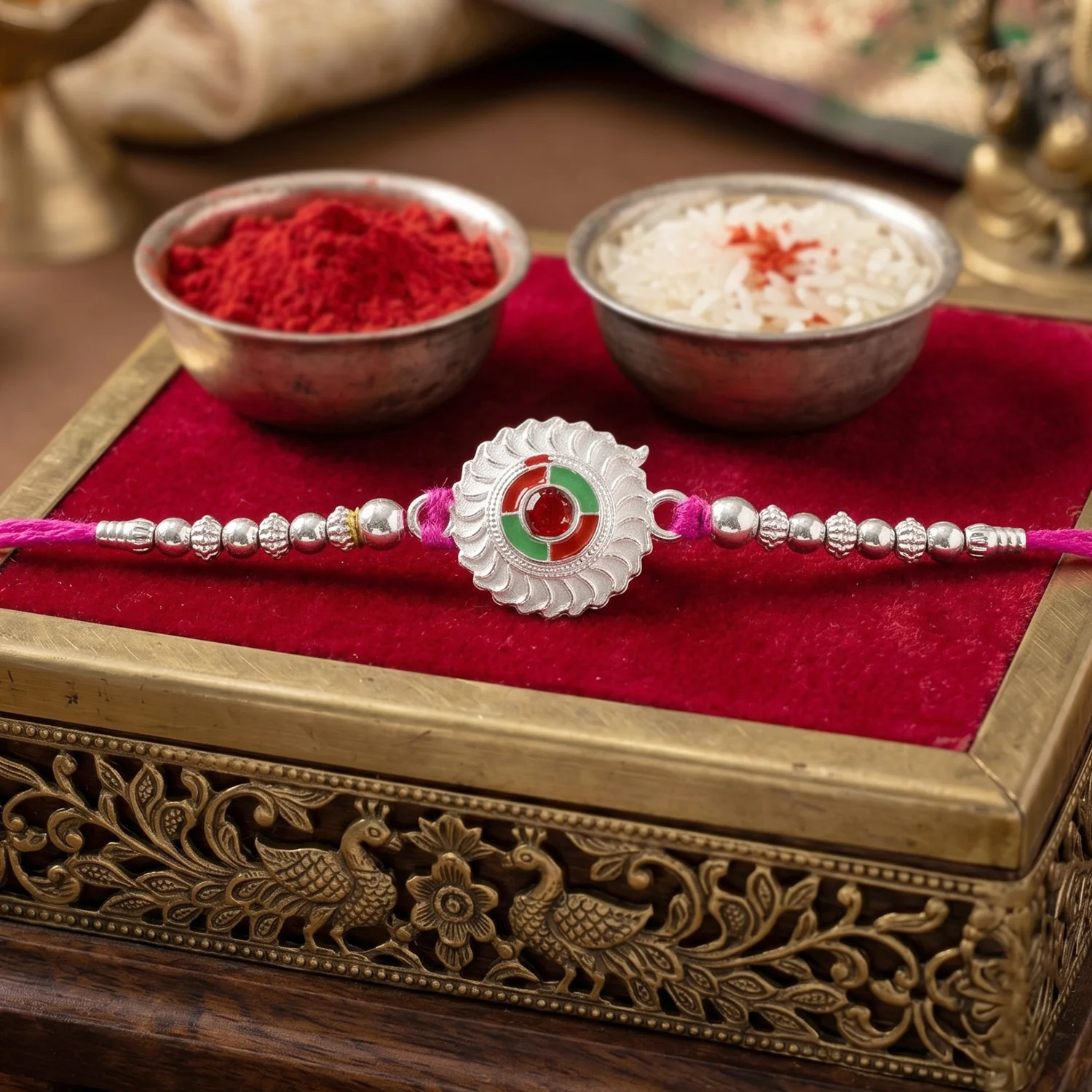 Silver Round Floral Rakhi – Elegant Traditional Design - Image 2