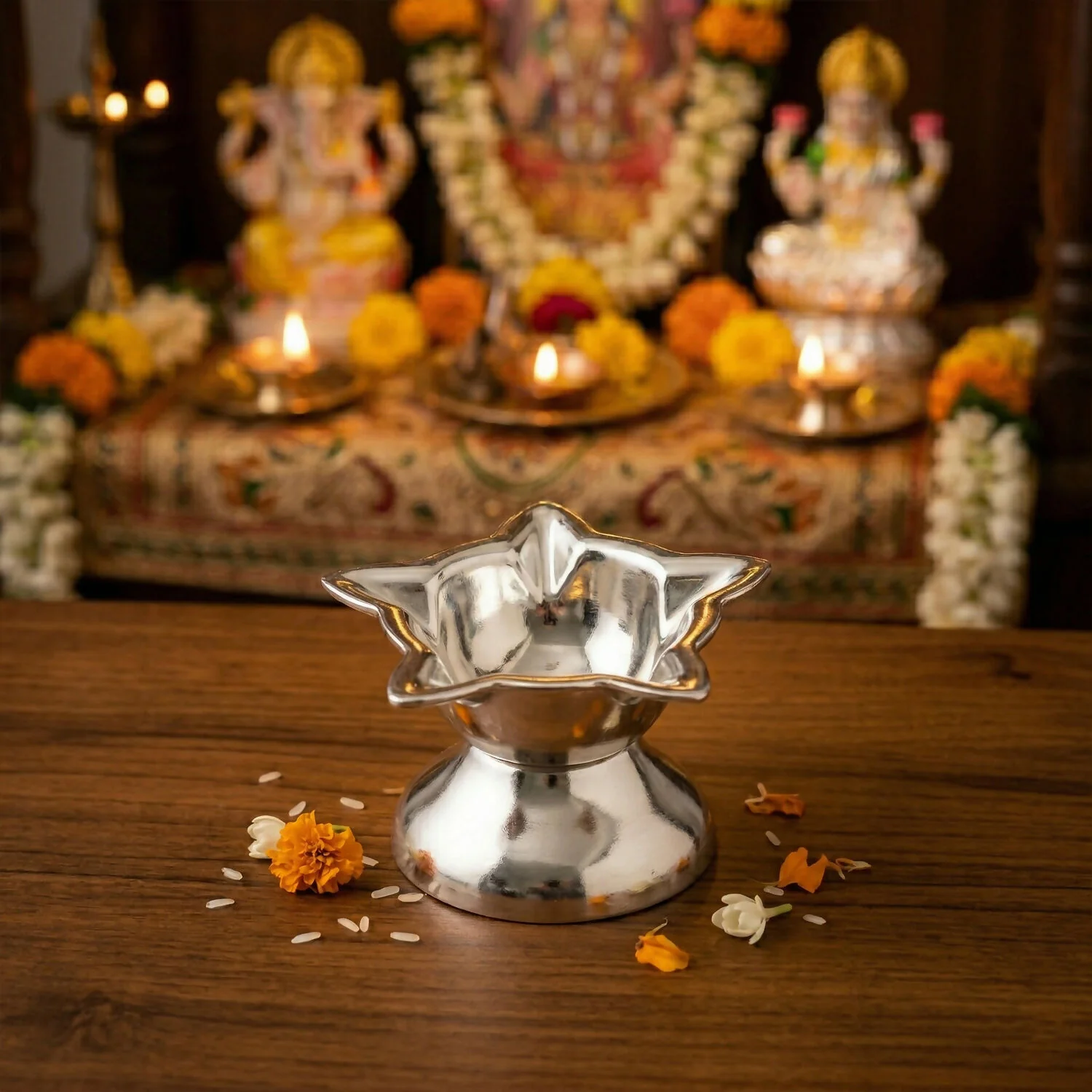 Silver Star-Shaped Oil Diya Lamp for Religious & Festive Decor - Image 3