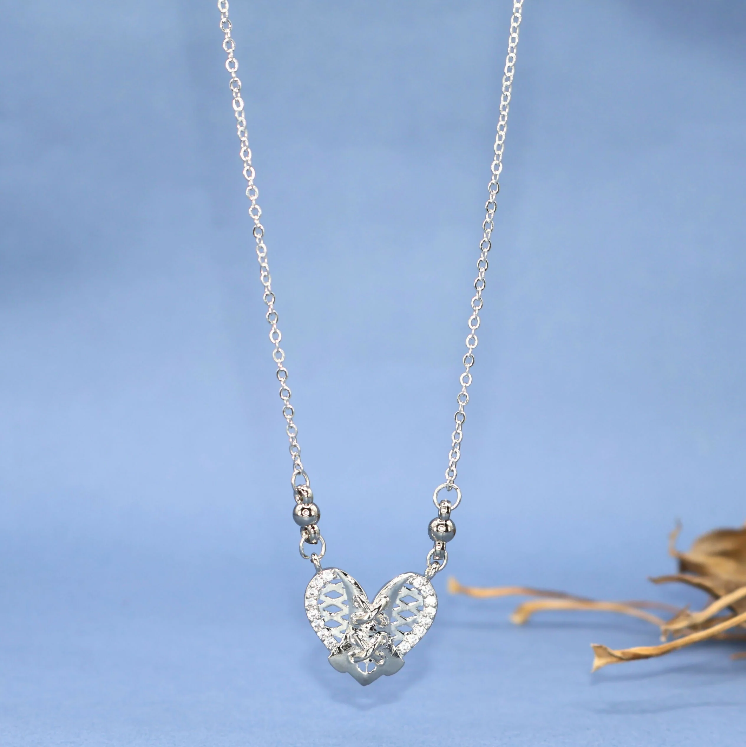 Filigree Heart Necklace – Elegant Silver Tone Pendant with CZ Stones - Image 2