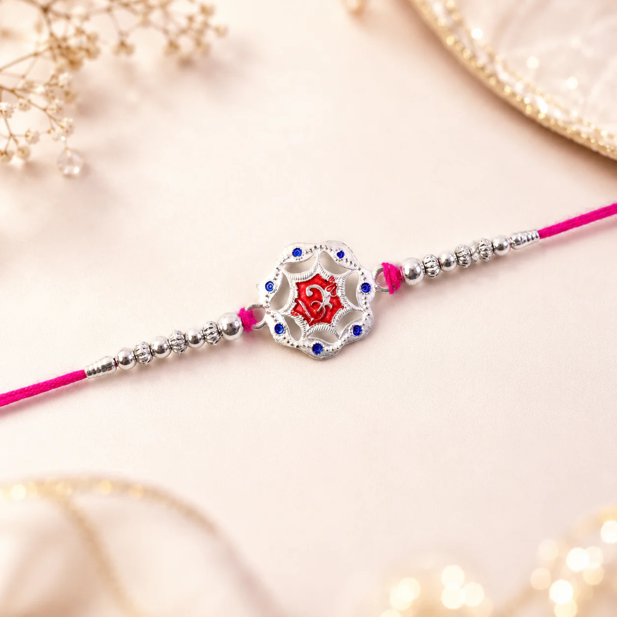 Designer Rakhi for Brother – Silver Floral with Red Stone - Image 2