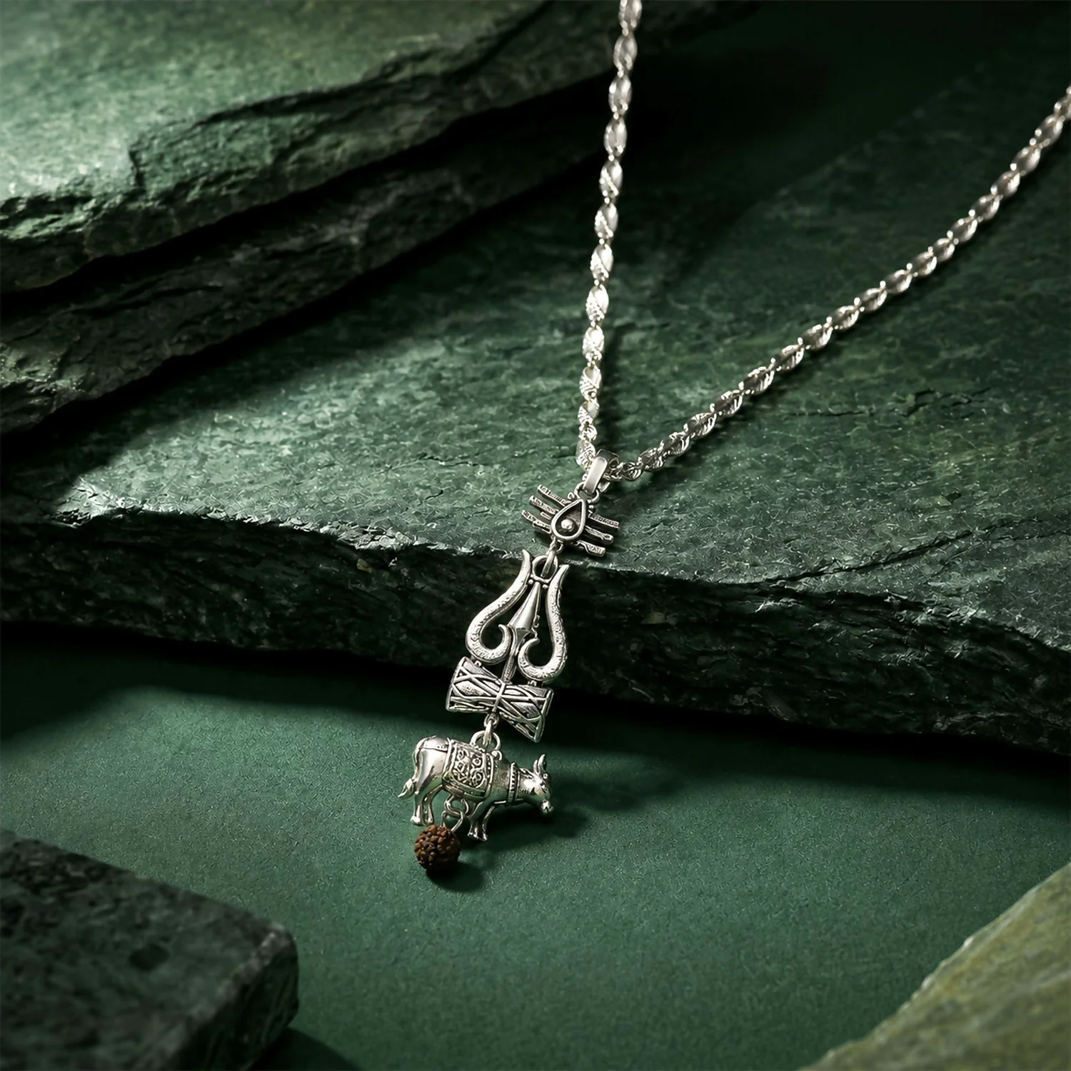Silver-Tone Trishul Damru Pendant with Black Bead Chain Set - Image 3