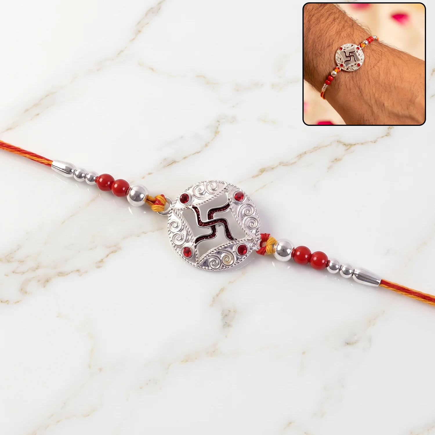 Silver Swastik Stone Rakhi – Elegant Traditional Festive Accessory