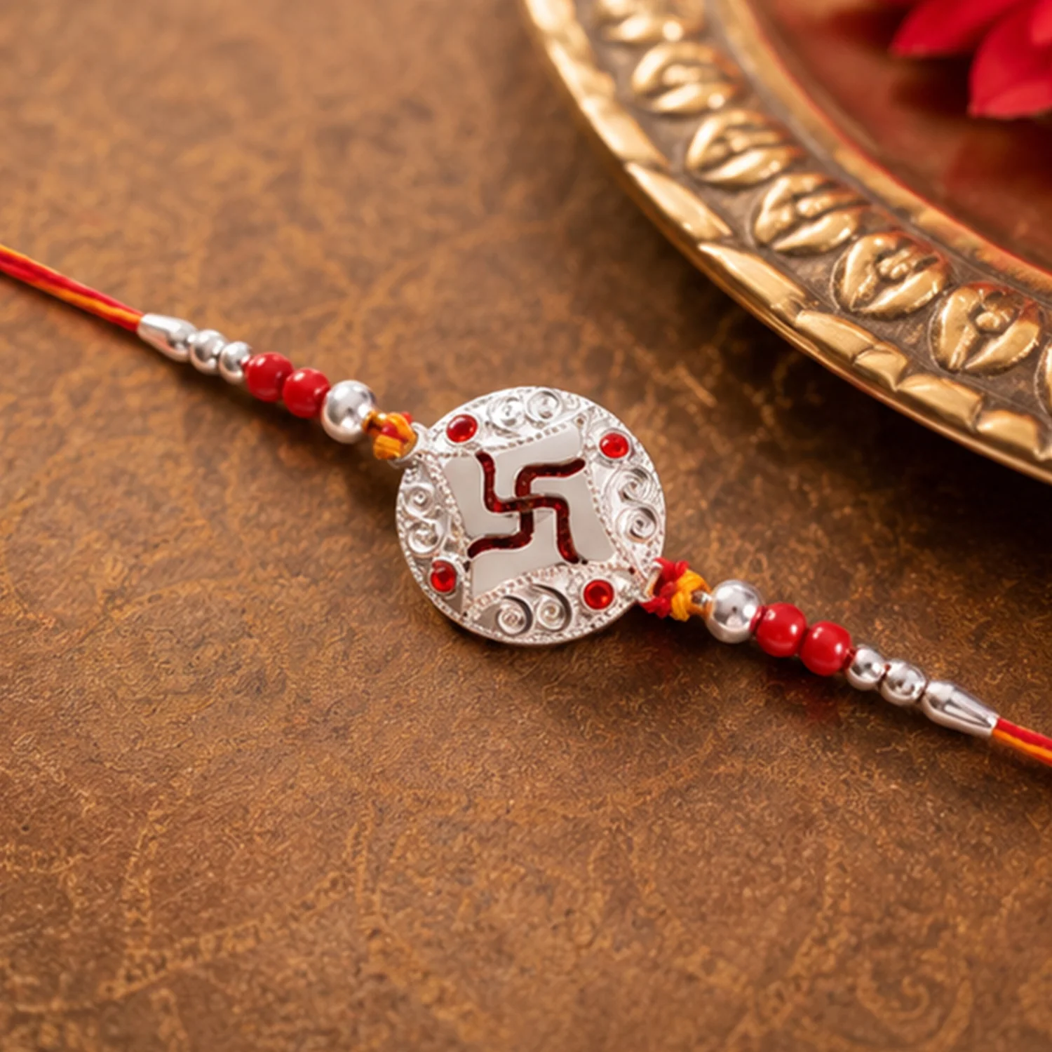 Silver Swastik Stone Rakhi – Elegant Traditional Festive Accessory - Image 3