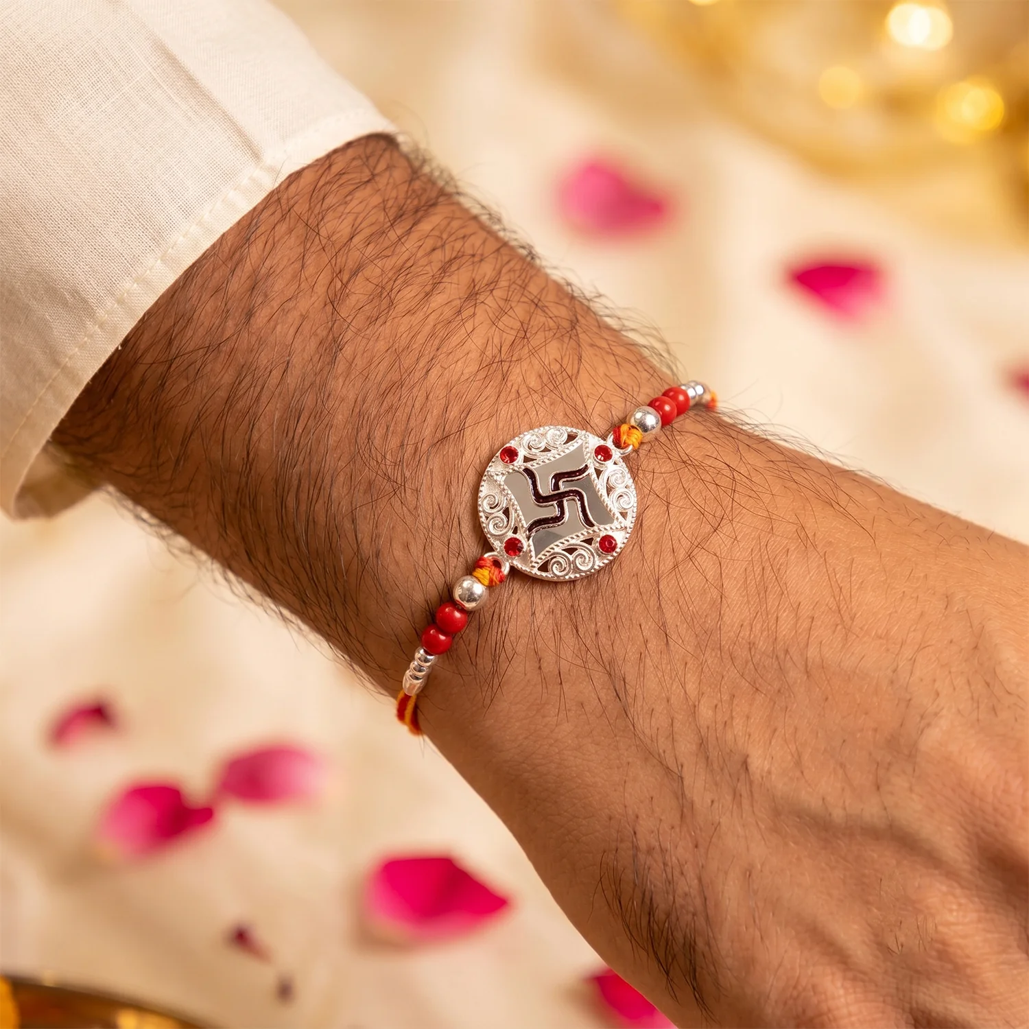 Silver Swastik Stone Rakhi – Elegant Traditional Festive Accessory - Image 4