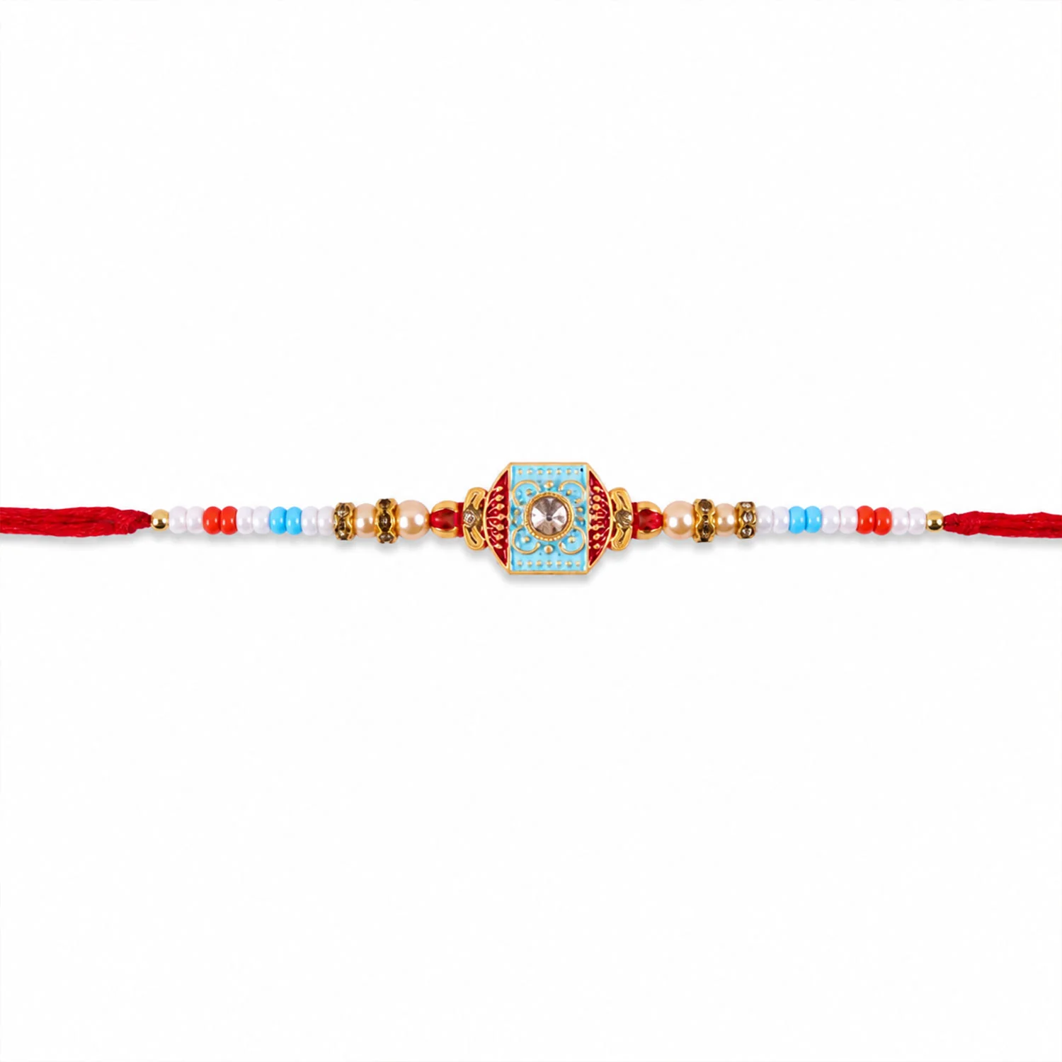 Sky Blue-Red Meenakari Designer Bhaiya Rakhi for Brother with Beads Gift - Image 5