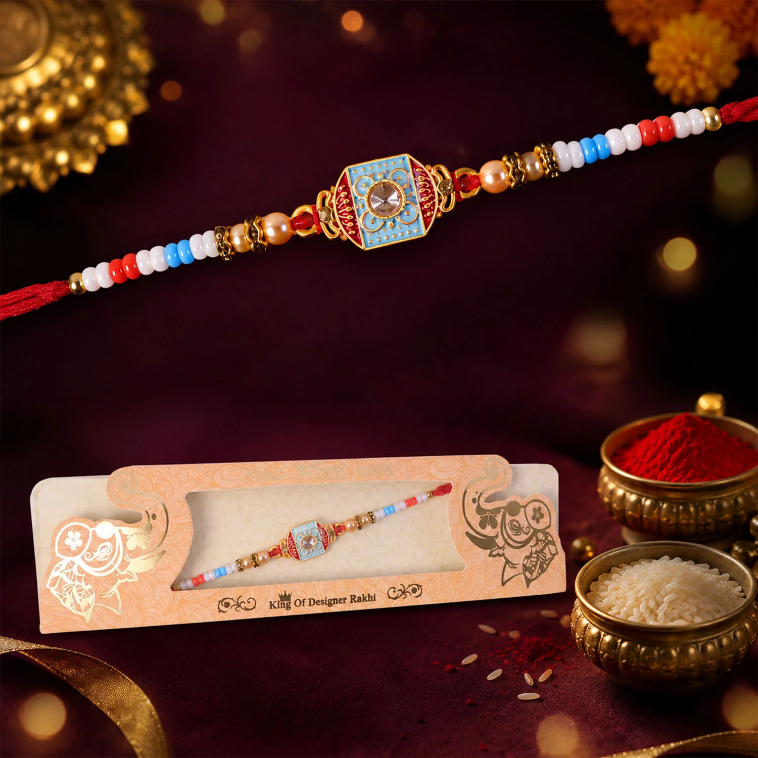 Sky Blue-Red Meenakari Designer Bhaiya Rakhi for Brother with Beads Gift - Image 6