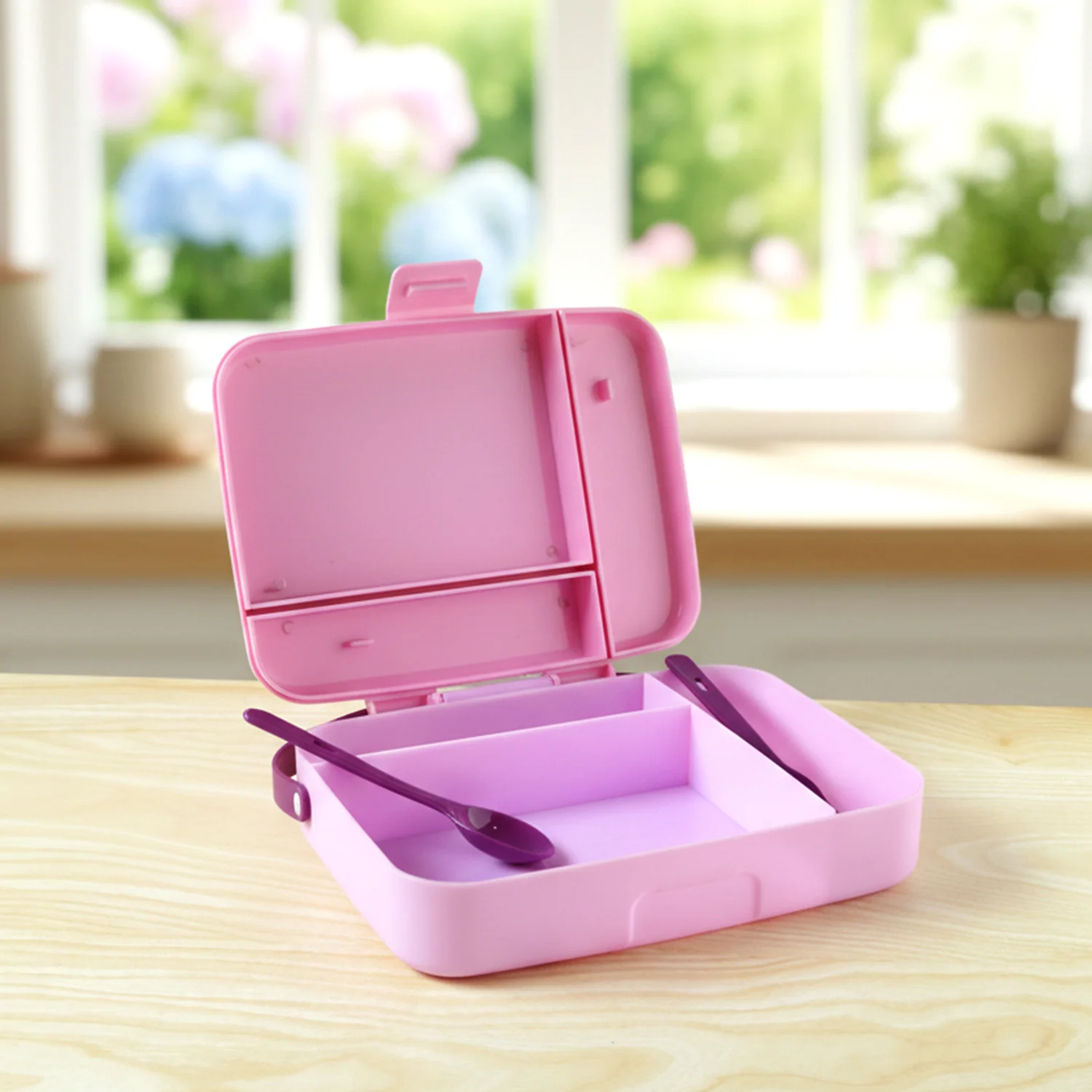 Leak Proof Lunch Box with 3 Compartments and Spoon Set - Image 9