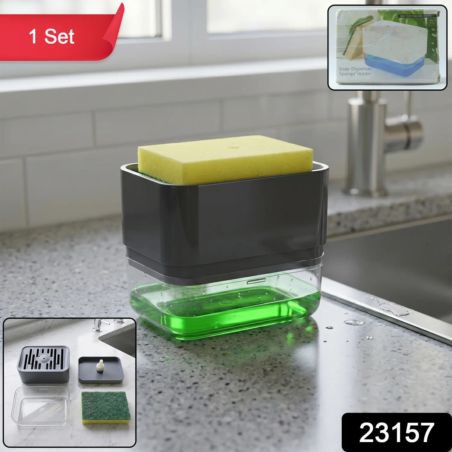 Soap Dispenser with Sponge Holder – Space-saving Kitchen Organizer - Image 2