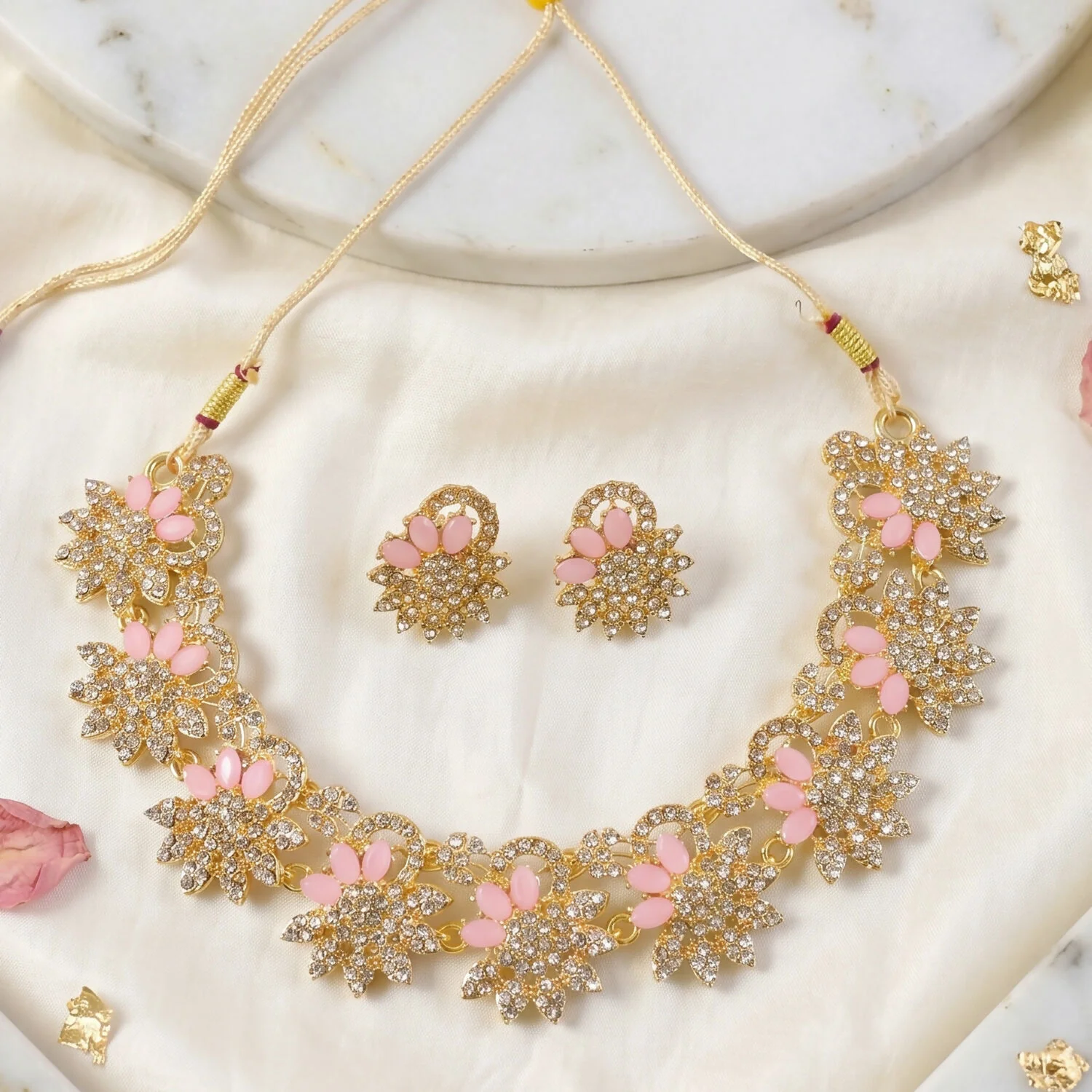 Soft Pink Plated Necklace & Earrings Set – Elegant Wedding Jewelry - Image 2