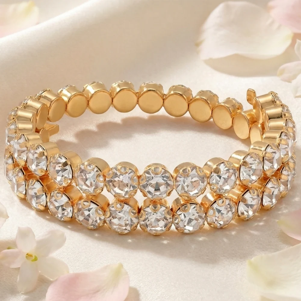 Sparkling Gold Bracelet with Double Row Clear Gemstones for Women - Image 2
