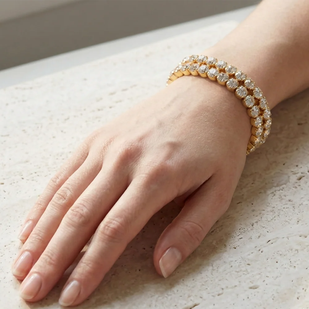 Sparkling Gold Bracelet with Double Row Clear Gemstones for Women - Image 4