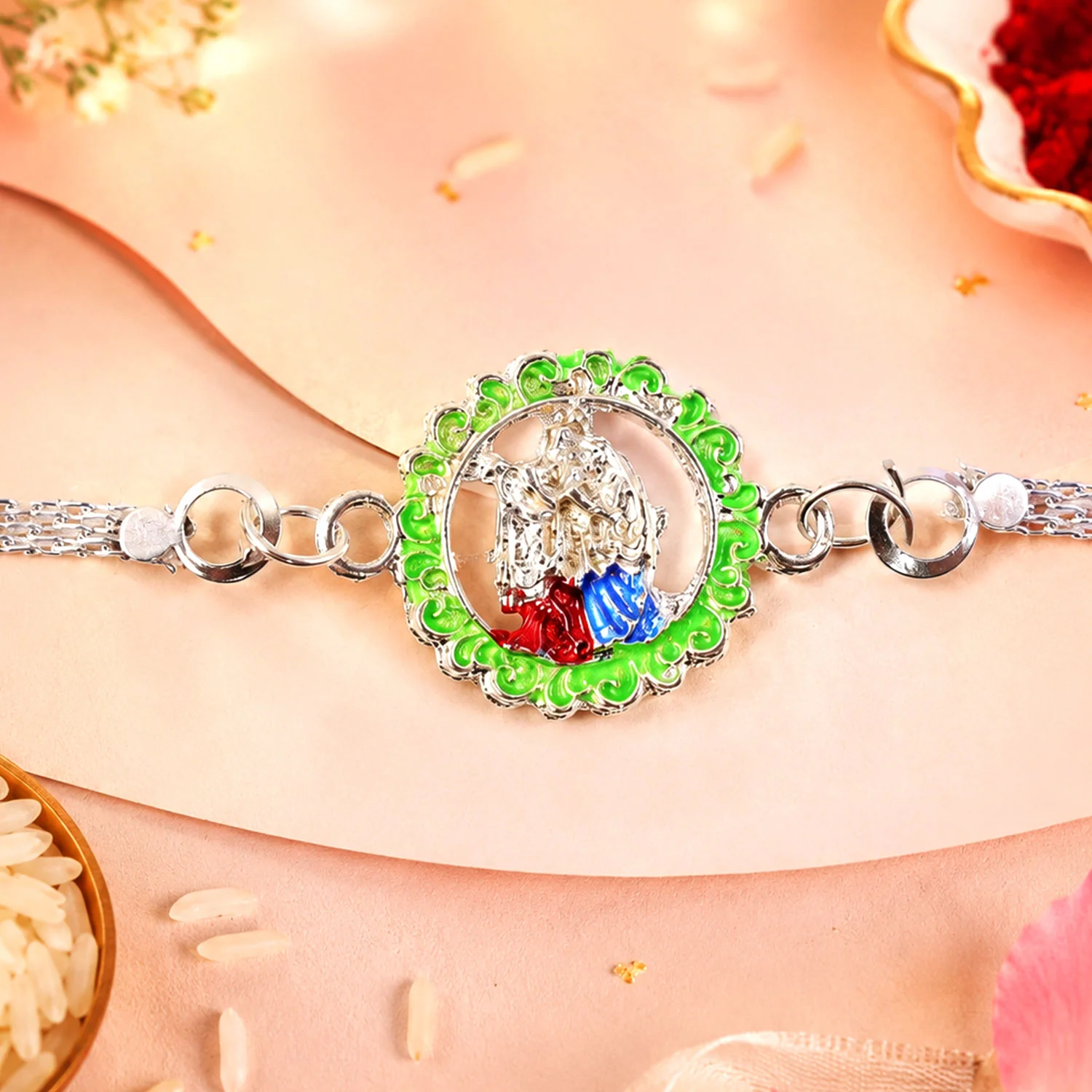 Radha Krishna Rakhi Silver Chain Design for Brothers