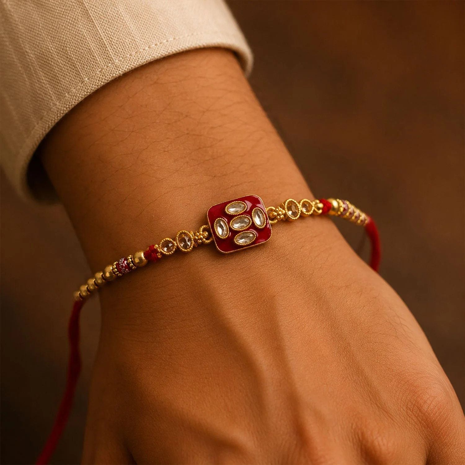 Premium Kundan Rakhi for Brother – Multi Stone Enamel Pearl Bead - Image 2