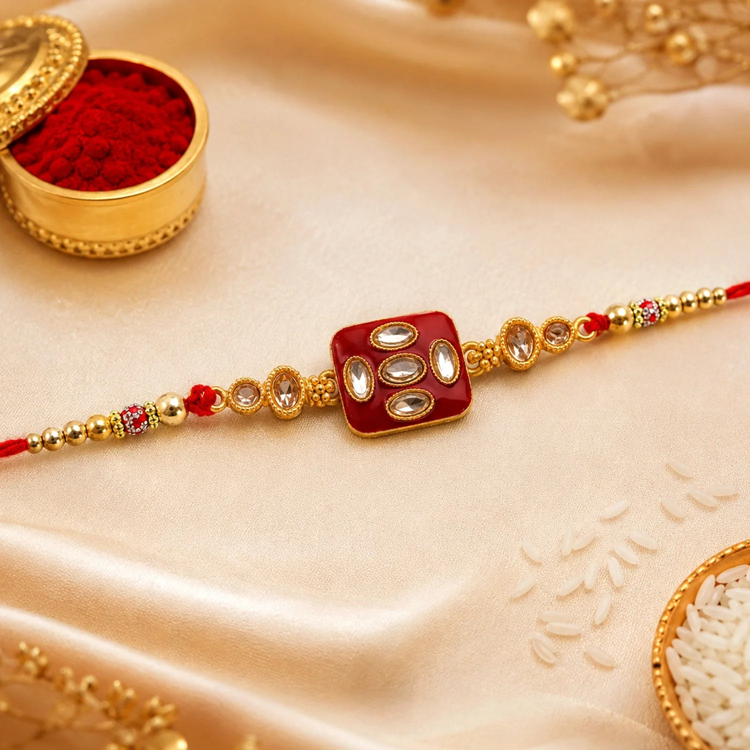 Premium Kundan Rakhi for Brother – Multi Stone Enamel Pearl Bead - Image 3