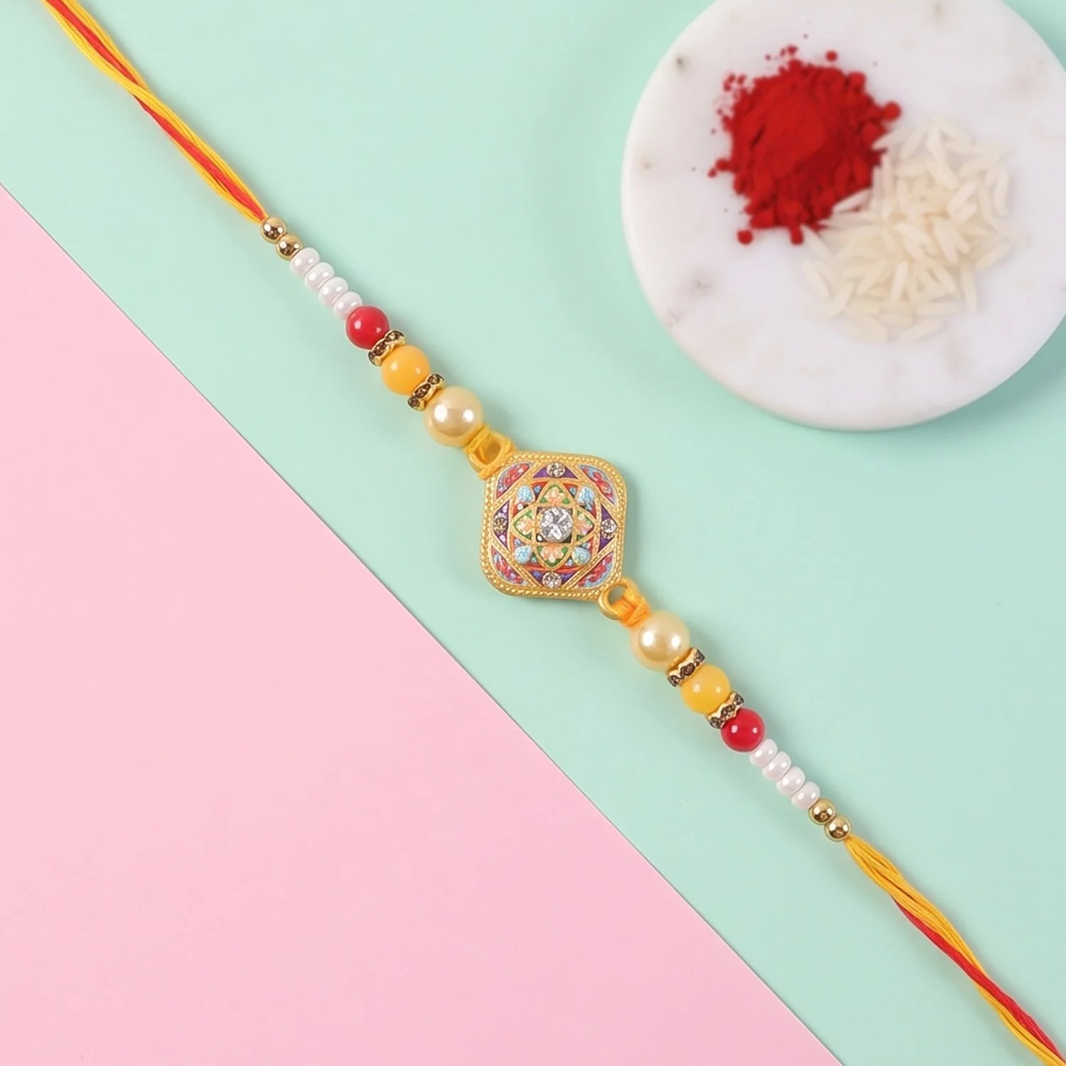 Square Kundan Stone Rakhi for Brother Bhai Raksha Bandhan Festival Special Gift Set