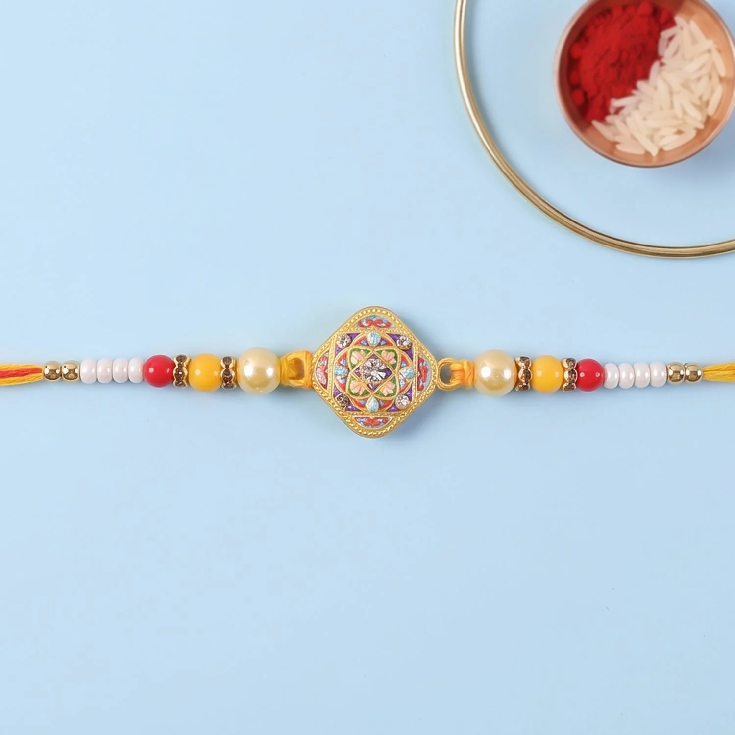 Square Kundan Stone Rakhi for Brother Bhai Raksha Bandhan Festival Special Gift Set - Image 3