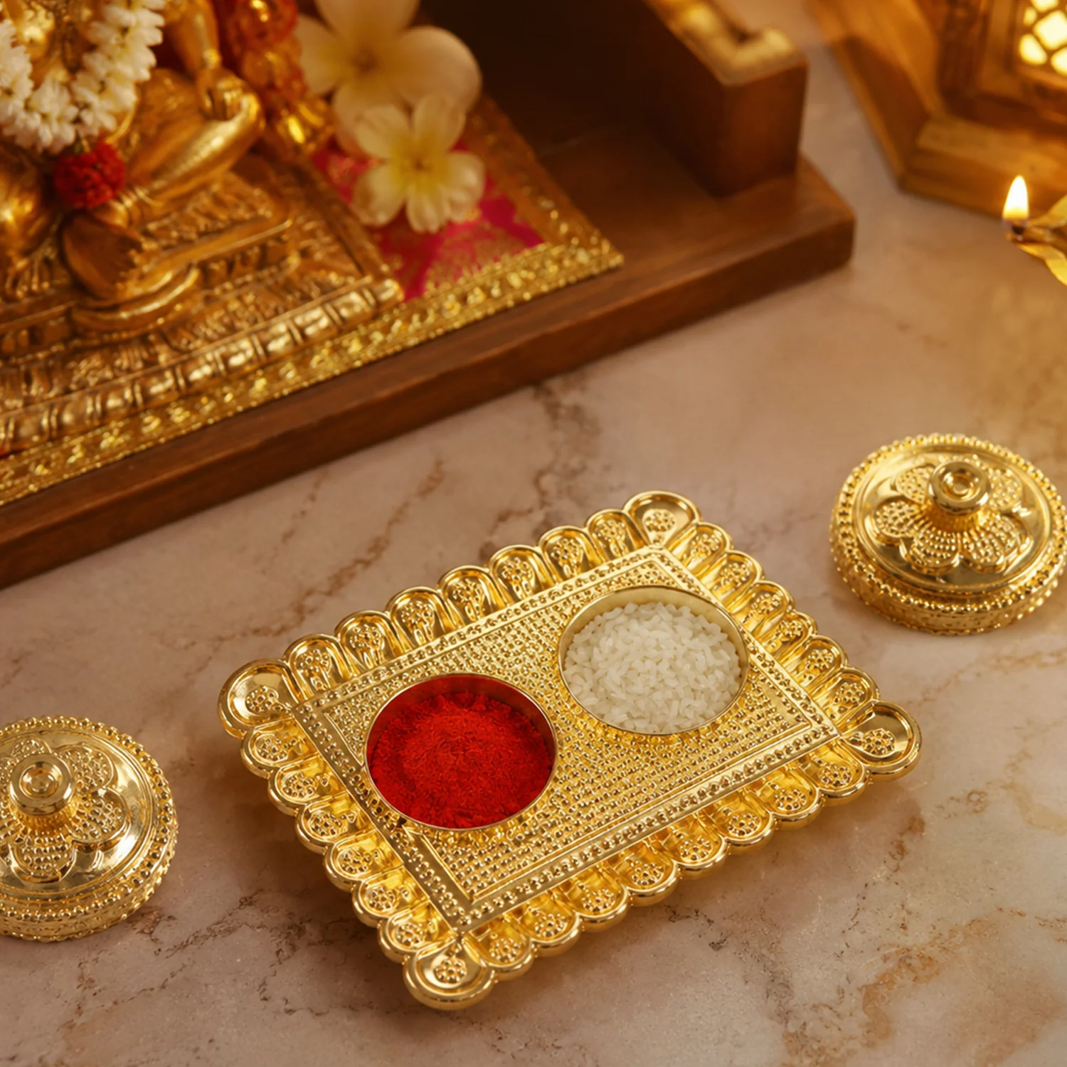Kumkum Holder – Elegant Golden Floral Pooja Accessories - Image 8