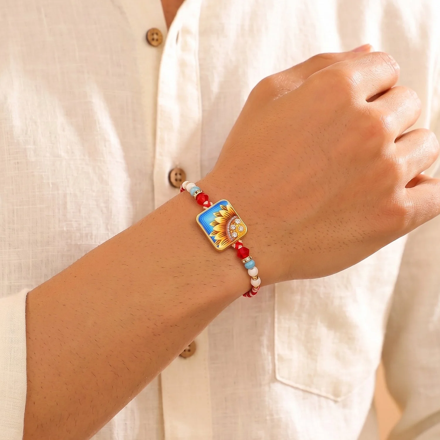 Square Sunflower Beads Rakhi for Brother Bhai Raksha Bandhan Festival Special Gift - Image 4