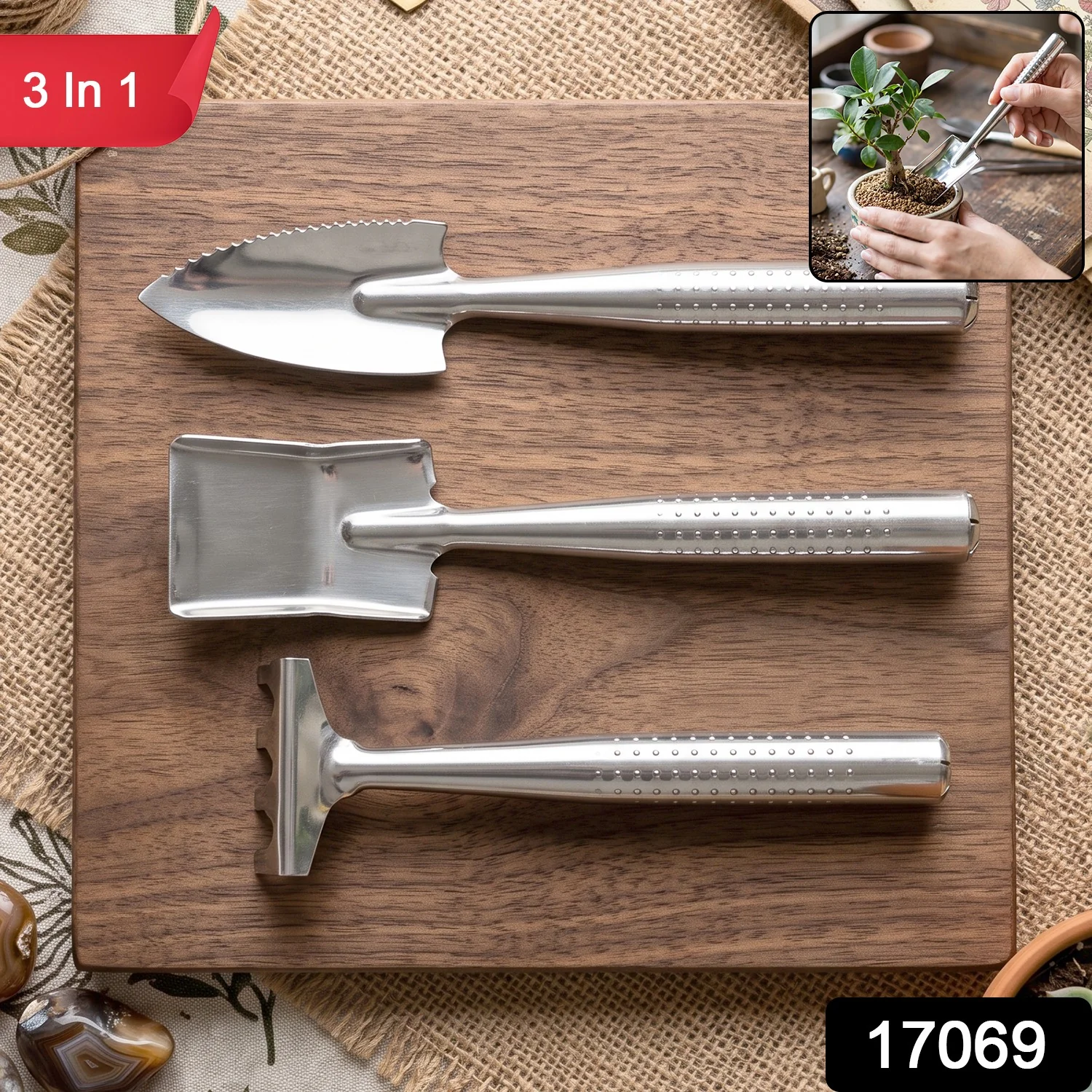 Stainless Steel 3 in 1 Garden Hand Tool Set Spade Rake and Fork (3 Pc Set) - Image 2