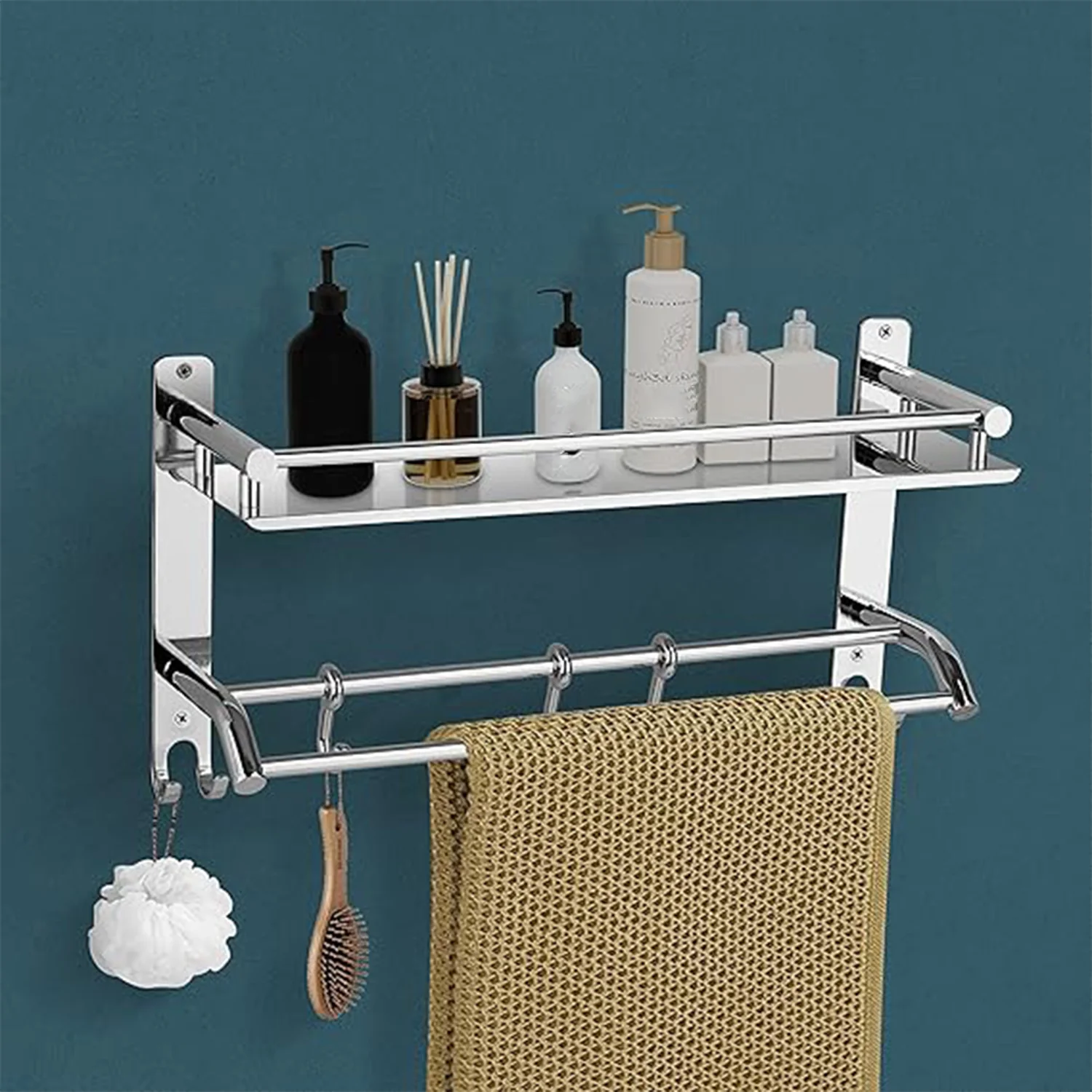 Stainless Steel 2 Tier Wall Shelf with Chrome Towel Holder - Image 2