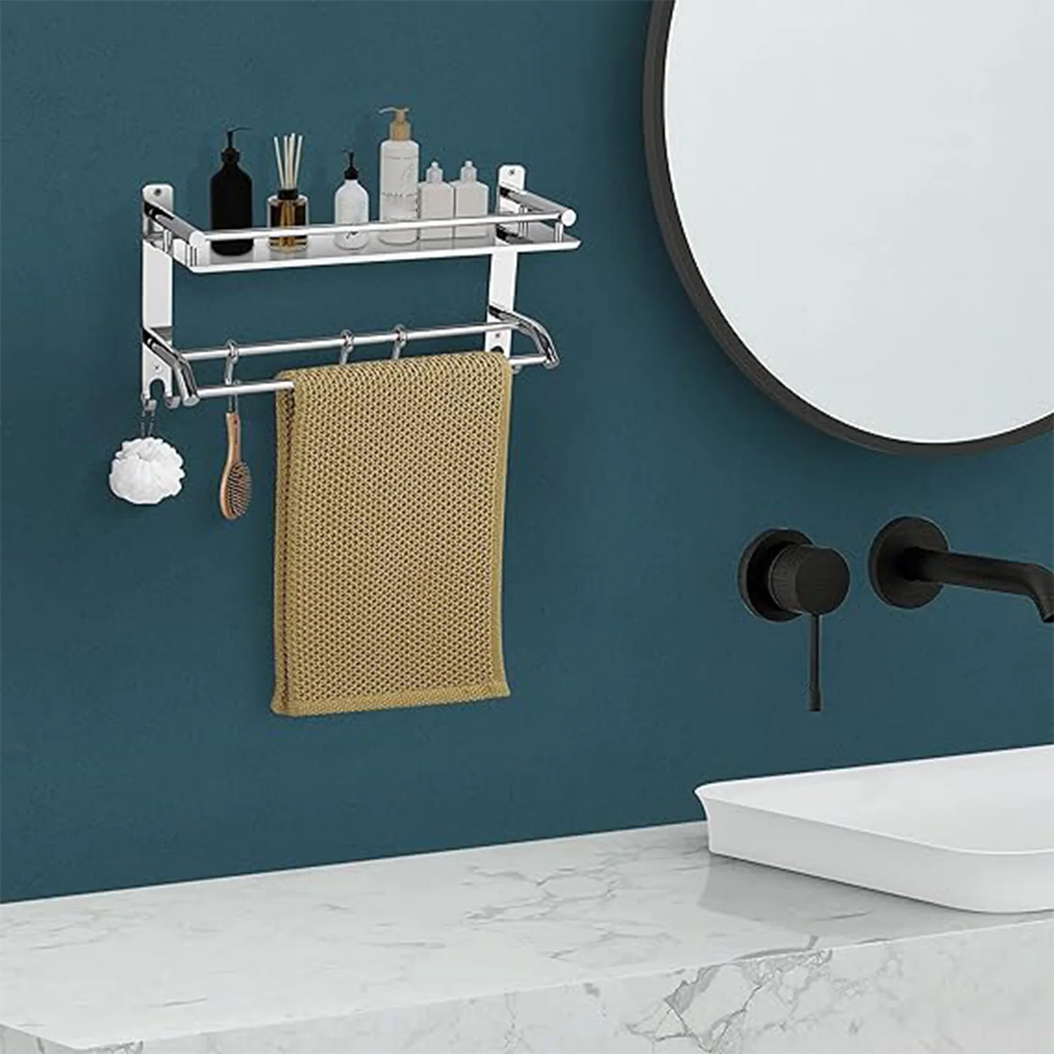 Stainless Steel 2 Tier Wall Shelf with Chrome Towel Holder - Image 3