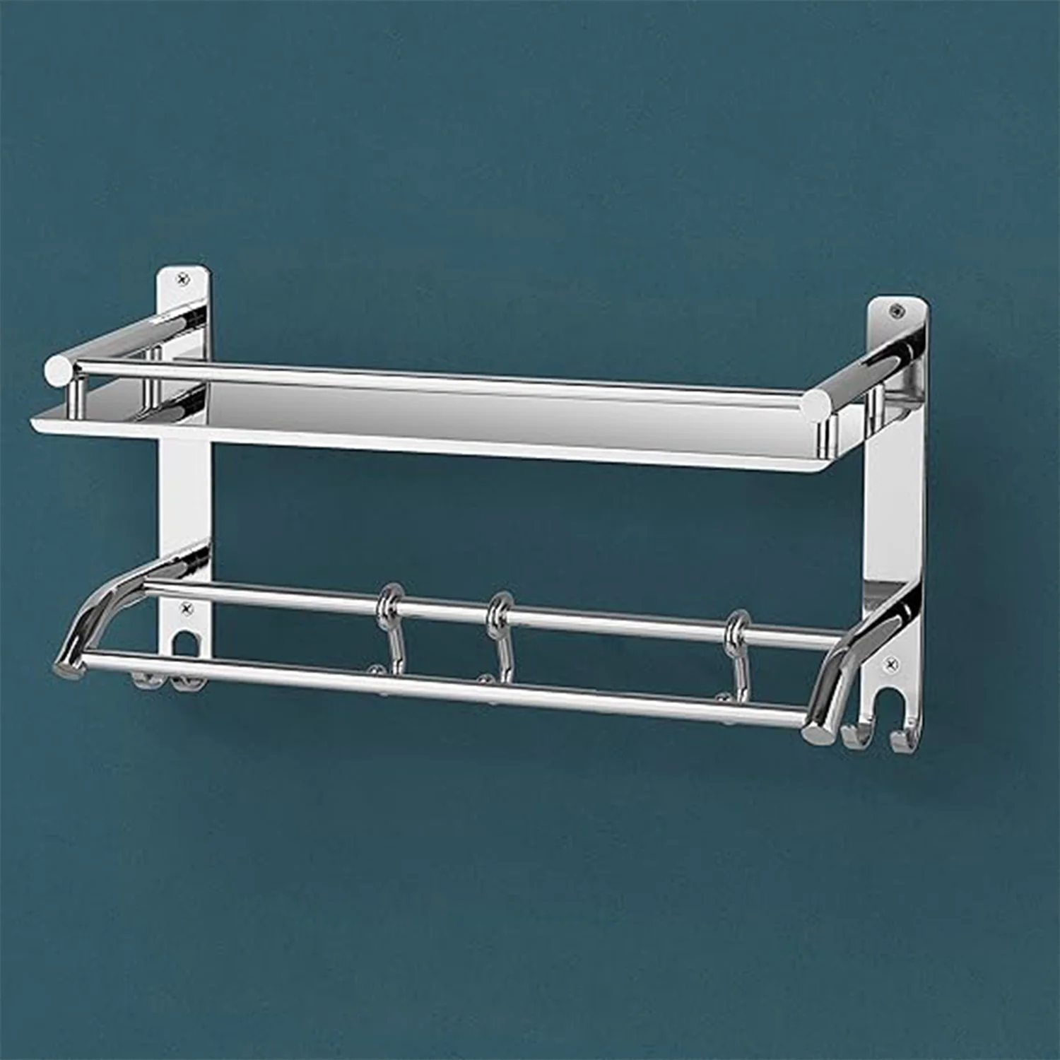 Stainless Steel 2 Tier Wall Shelf with Chrome Towel Holder - Image 4
