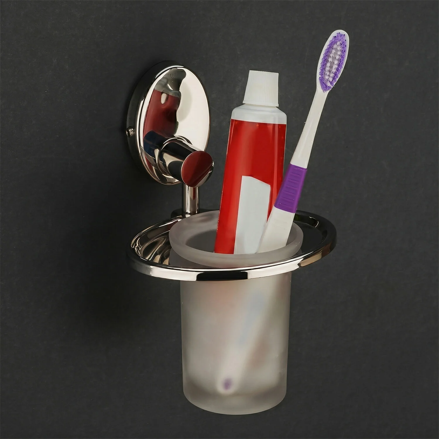Stainless Steel Wall Mount – Modern Bathroom Organizer with Frosted Glass Tumbler - Image 2
