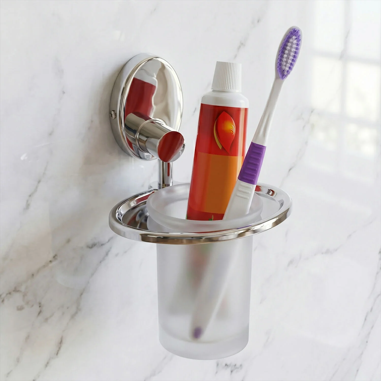 Stainless Steel Wall Mount – Modern Bathroom Organizer with Frosted Glass Tumbler - Image 3